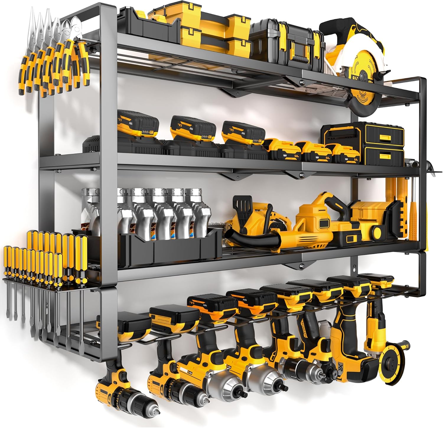 MOOMSINE Large Power Tool Organizer Wall Mount for Garage, 4-Tier Heavy Duty Metal Storage Rack Supports 400lbs, Battery Tools Hanger with 8 Cordless Drill Holders for Workshop, Pegboard, Shed