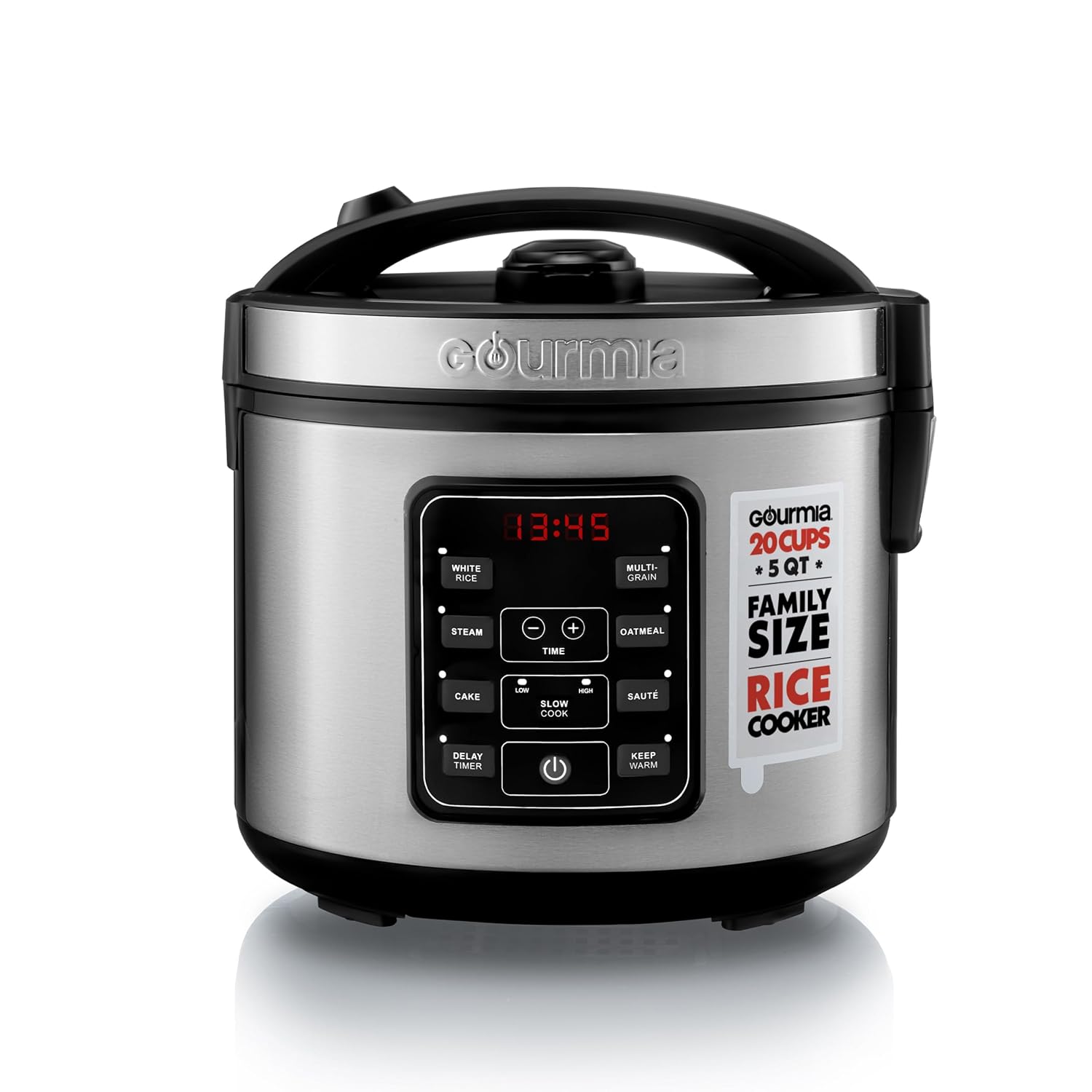 Gourmia Rice Cooker – 5 Qt Capacity, 20 Cup Cooked, 10 Cup Uncooked, Digital Controls, 6 Cooking Presets, Grain Cooker & Steamer, Nonstick Pot, Steam Tray, Delay Timer, Keep Warm, Stainless Steel