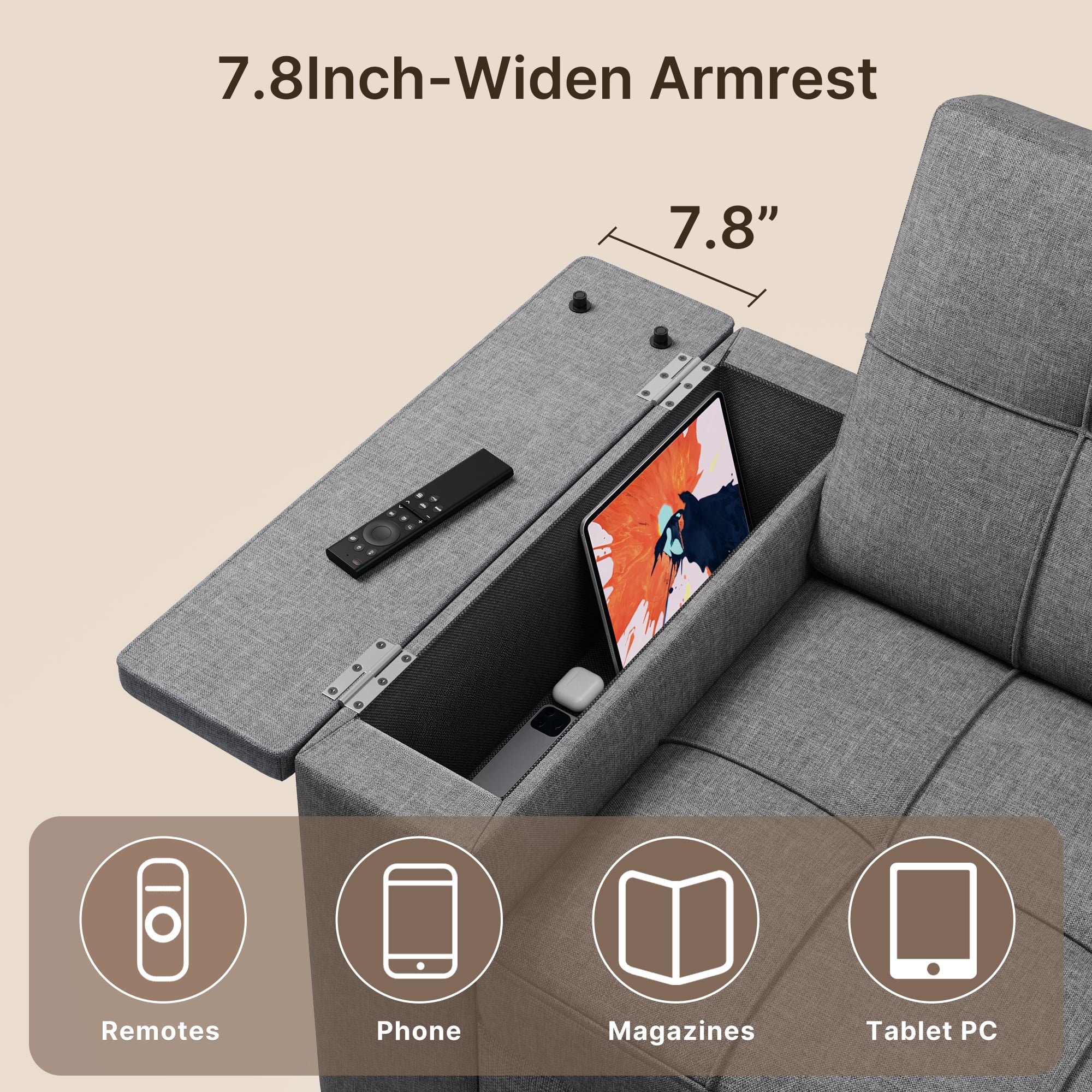 Sofa Bed, 3 in 1 Convertible Couch Bed with Storage Armrest and Adjustable Backrest for Living Room, Dark Gray - Image 8