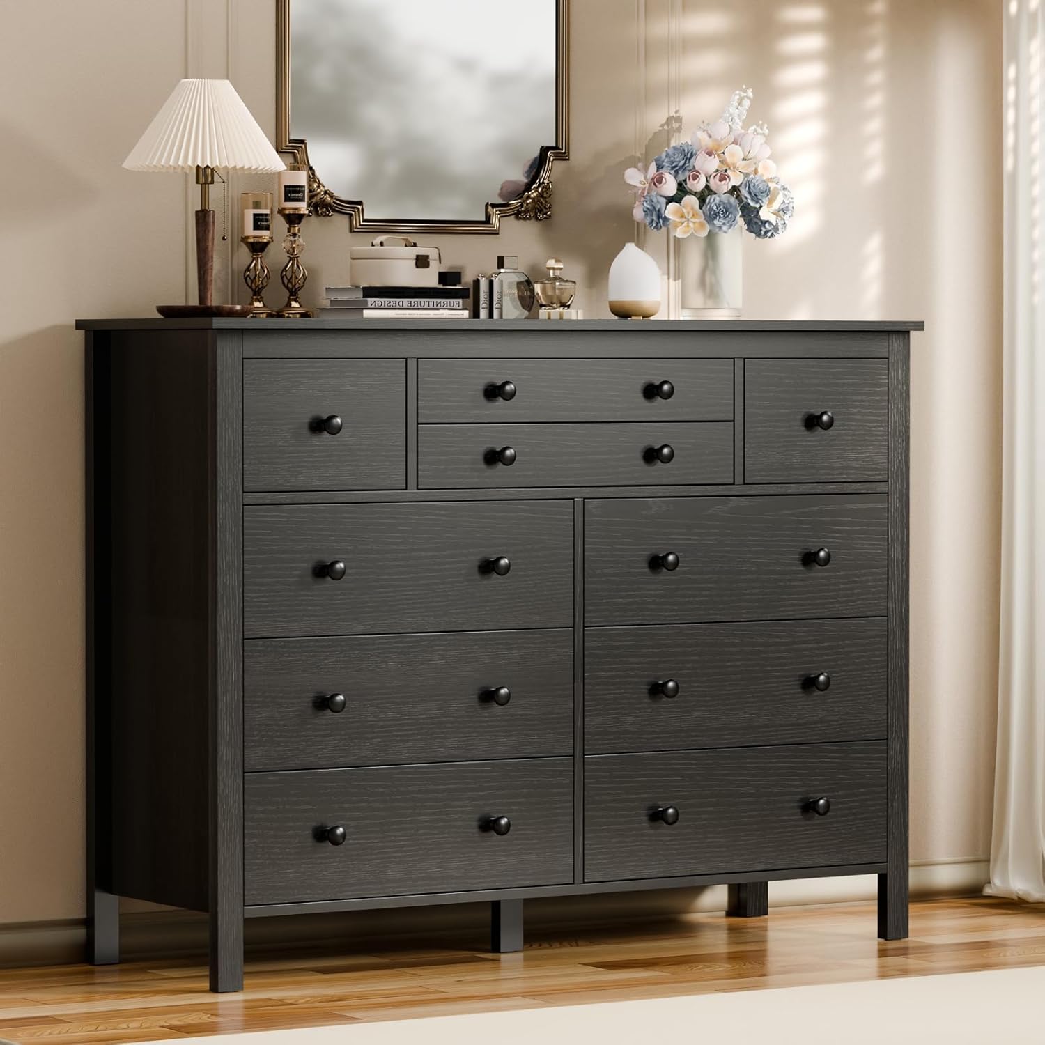 10 Drawer Large Black Dresser for Bedroom, 47.2