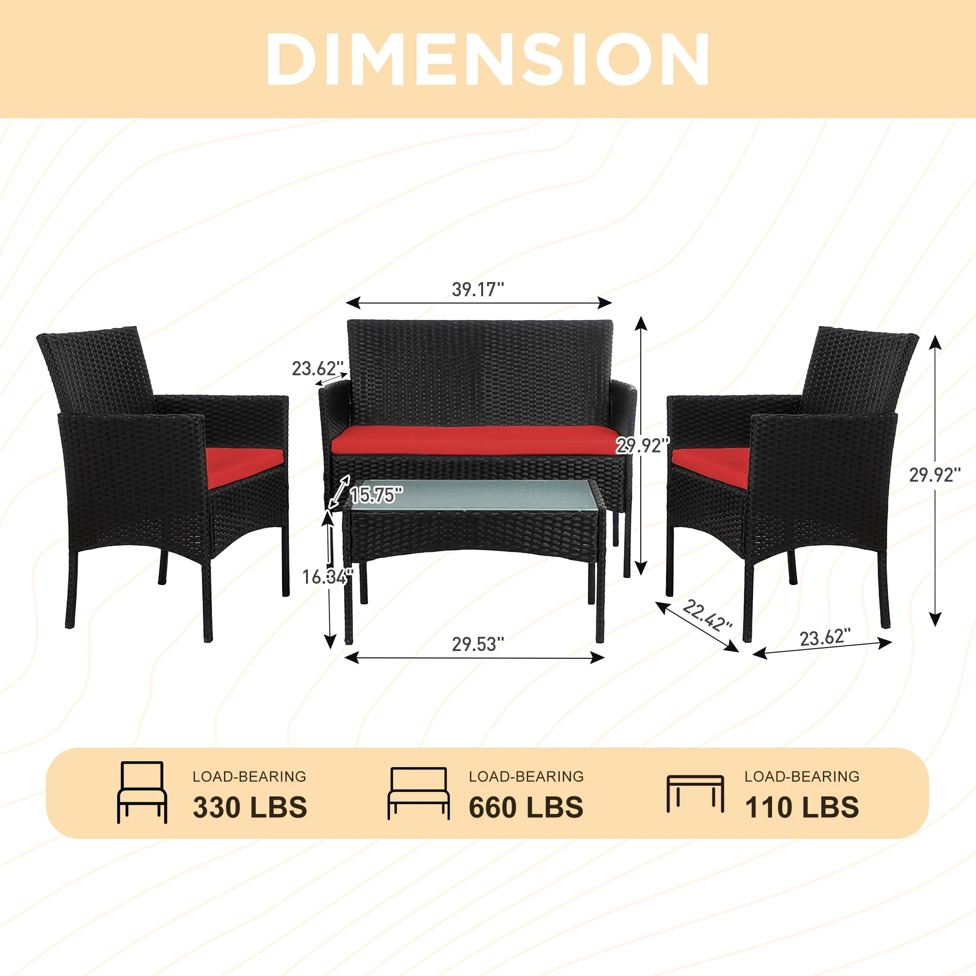 4 Piece Patio Conversation Wicker Furniture Set, Porch Furniture Outdoor Sectional Furniture Set w/Coffee Table Cushions Wicker Sofa Garden Conversation Set for Yard Pool Backyard,Black/Red(Red) - Image 6