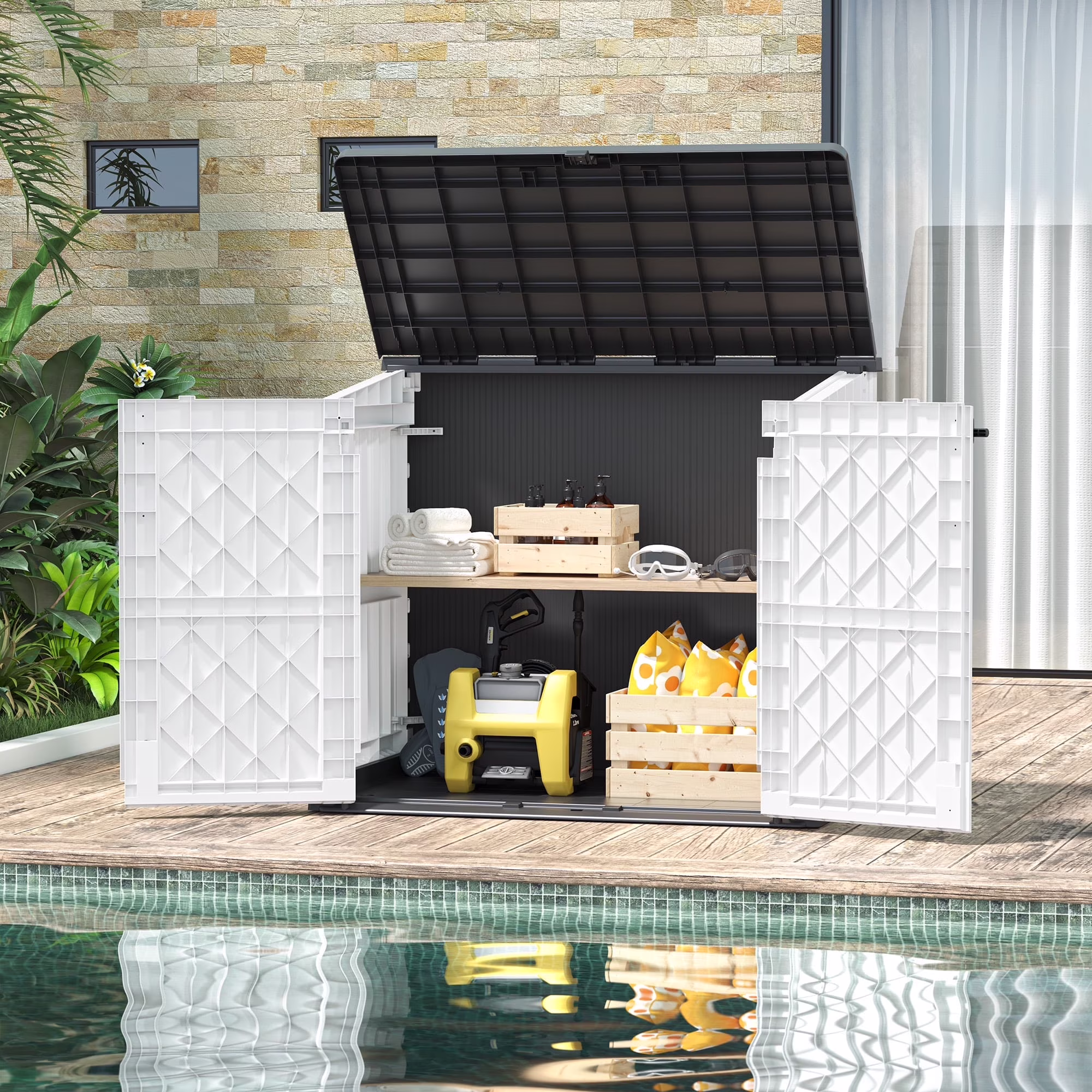 LHBCraft Outdoor Resin Storage Shed, 34 Cu. Ft. Weather-Resistant Garden Storage Box, Extra-Large Lockable Waterproof Shed for Bikes, Lawnmowers, and Garden Tools