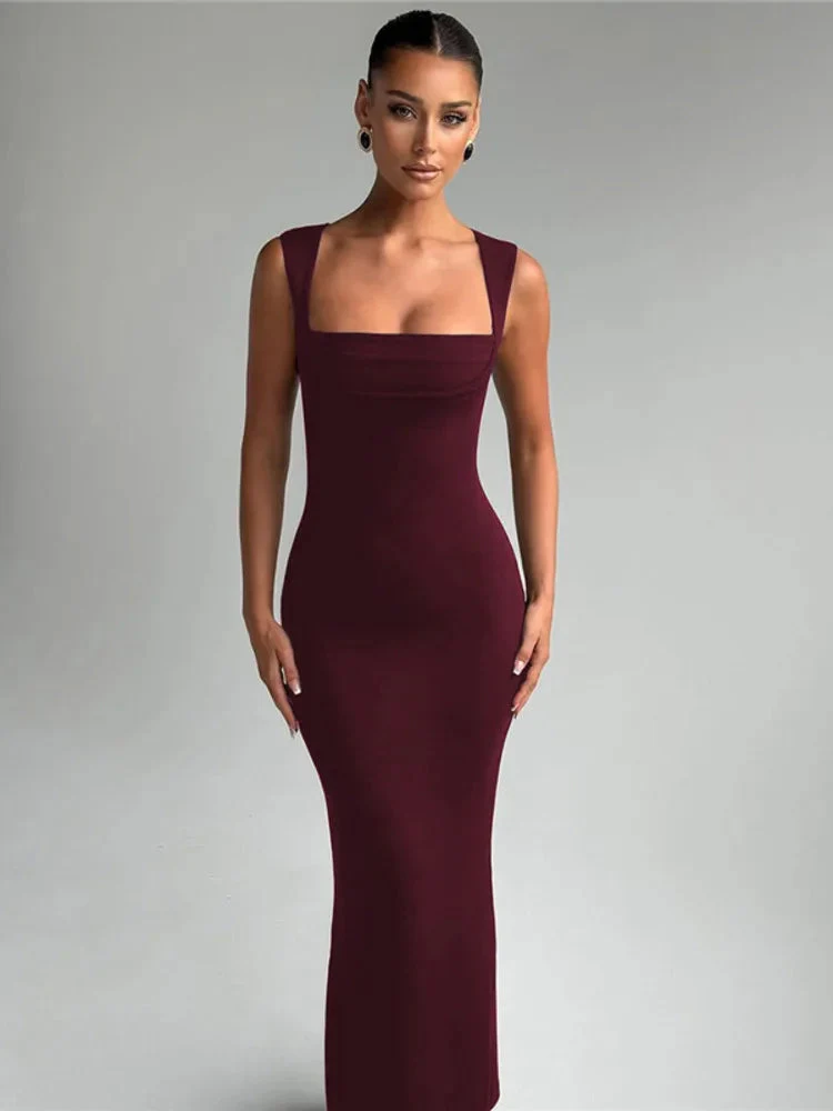 Robe Maxi Moulante Col Carré Robe de Soirée Sculptante