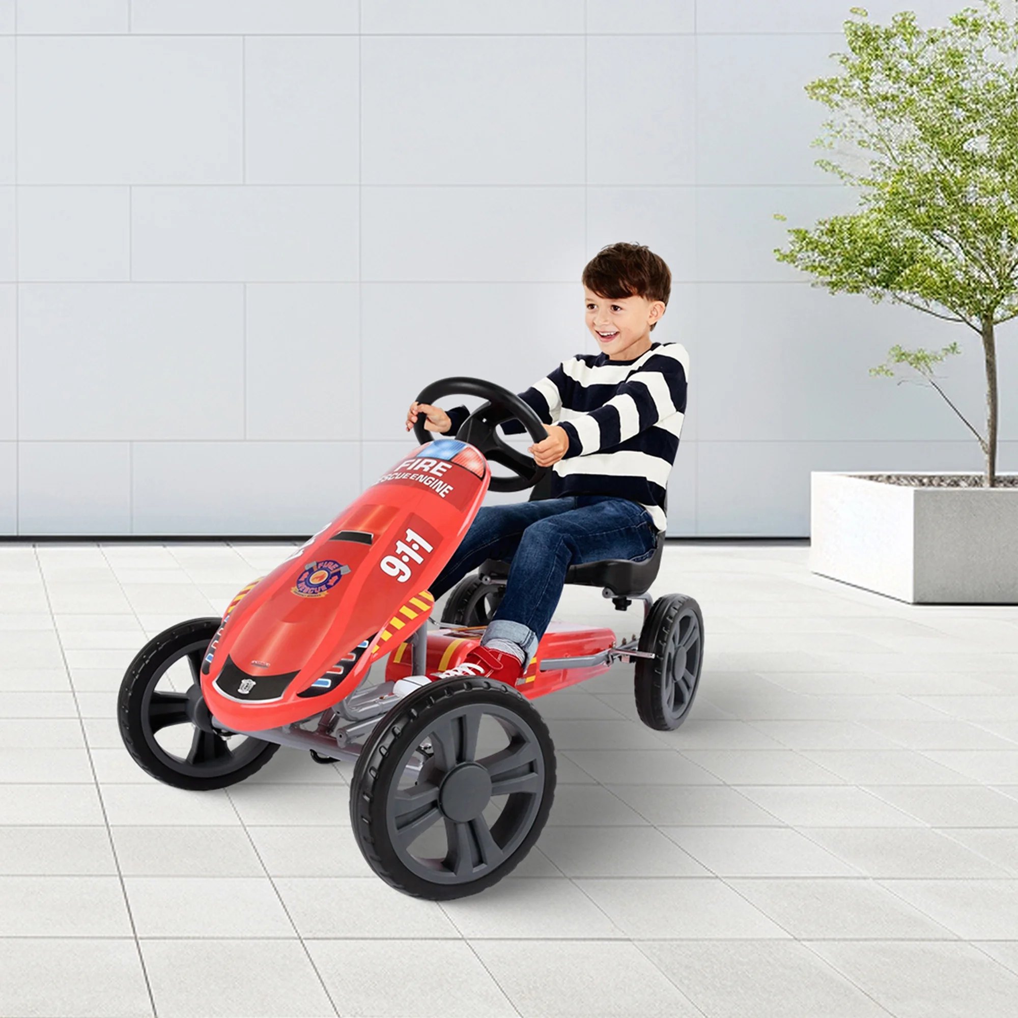 Speedster Pedal Go Kart w/ Adjustable Bucket Seat for Kids Ages 4 to 8, Fire Rescue(Red, Fire Engine) Image 2
