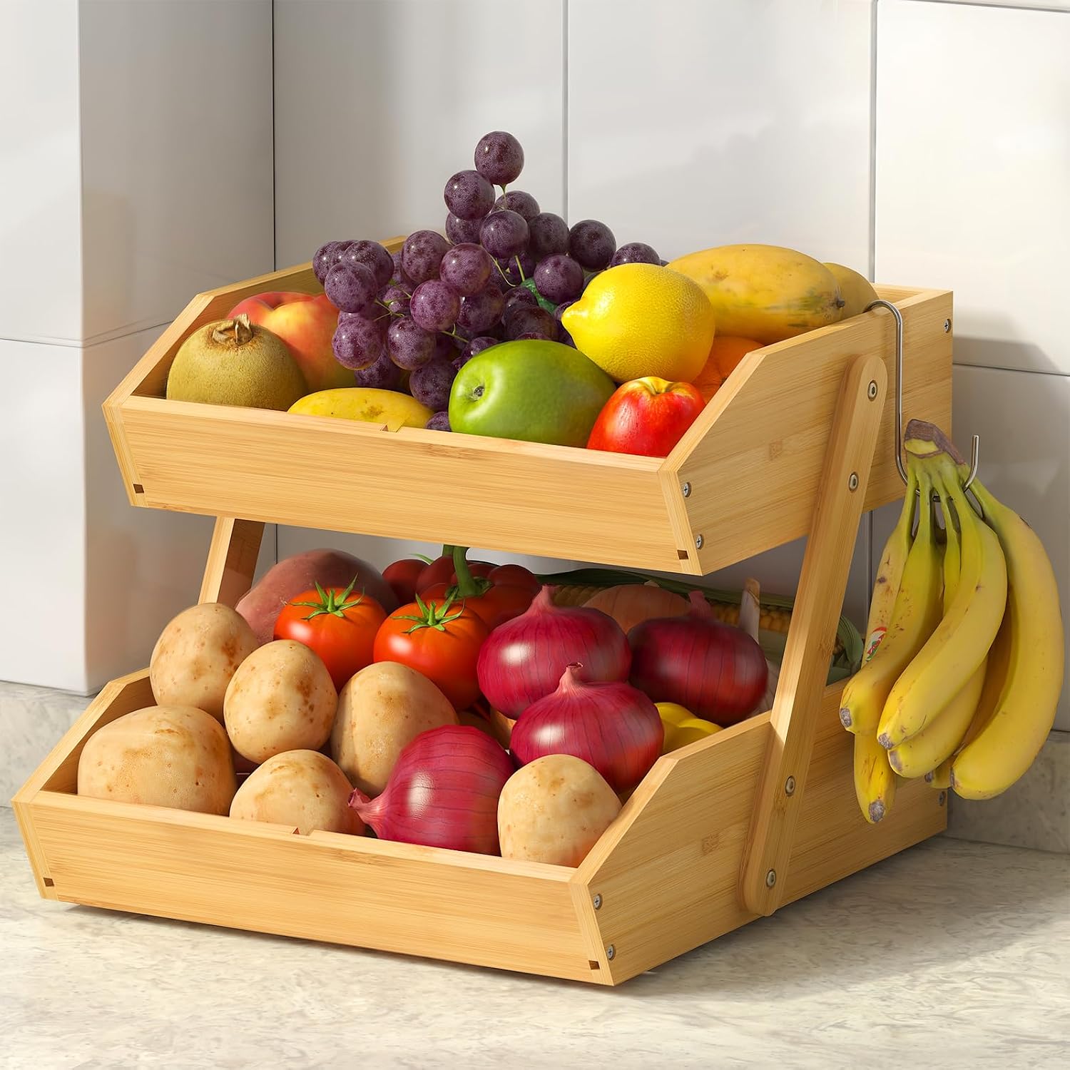 Sevenblue 3-Tier Bamboo Fruit Basket with 2 Banana Holders