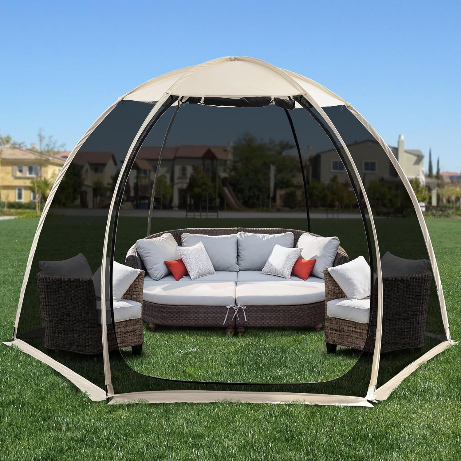 Gazebo moustiquaire pouvant accueillir 6, 10 ou 15 personnes. Tente de style igloo avec moustiquaire latérale. Idéal
