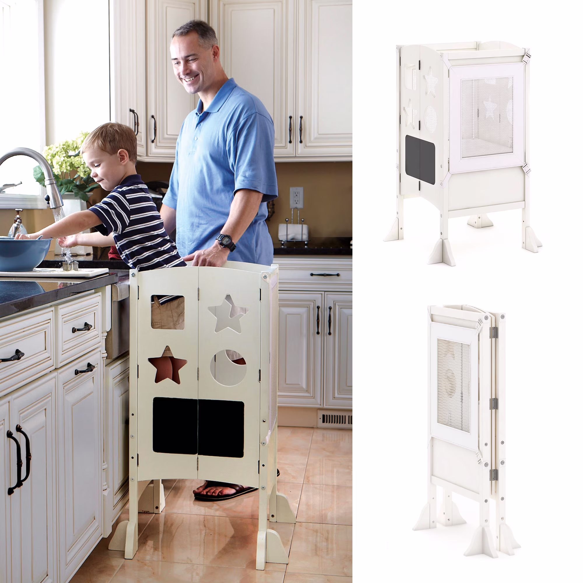 Classic Kitchen Helper Kids' Step Stool Natural: Foldable and Adjustable Wooden Toddler Tower for Learning with Keeper(Natural) - Image 5