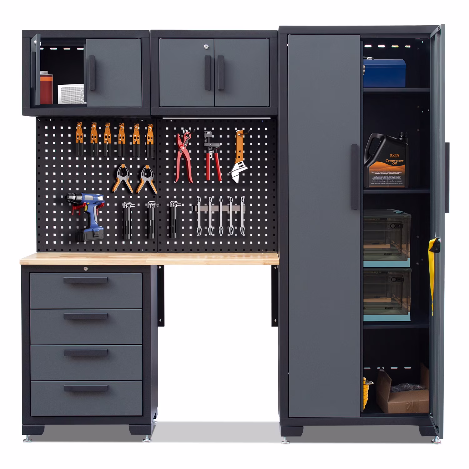 Garage Storage Cabinet System 7-Pcs Workshop Set Metal Garage Cabinets System with Steel Cabinet Drawers, Workbench, Pegboard for Garage Tool Organization(7-Pcs Garage Cabinets)