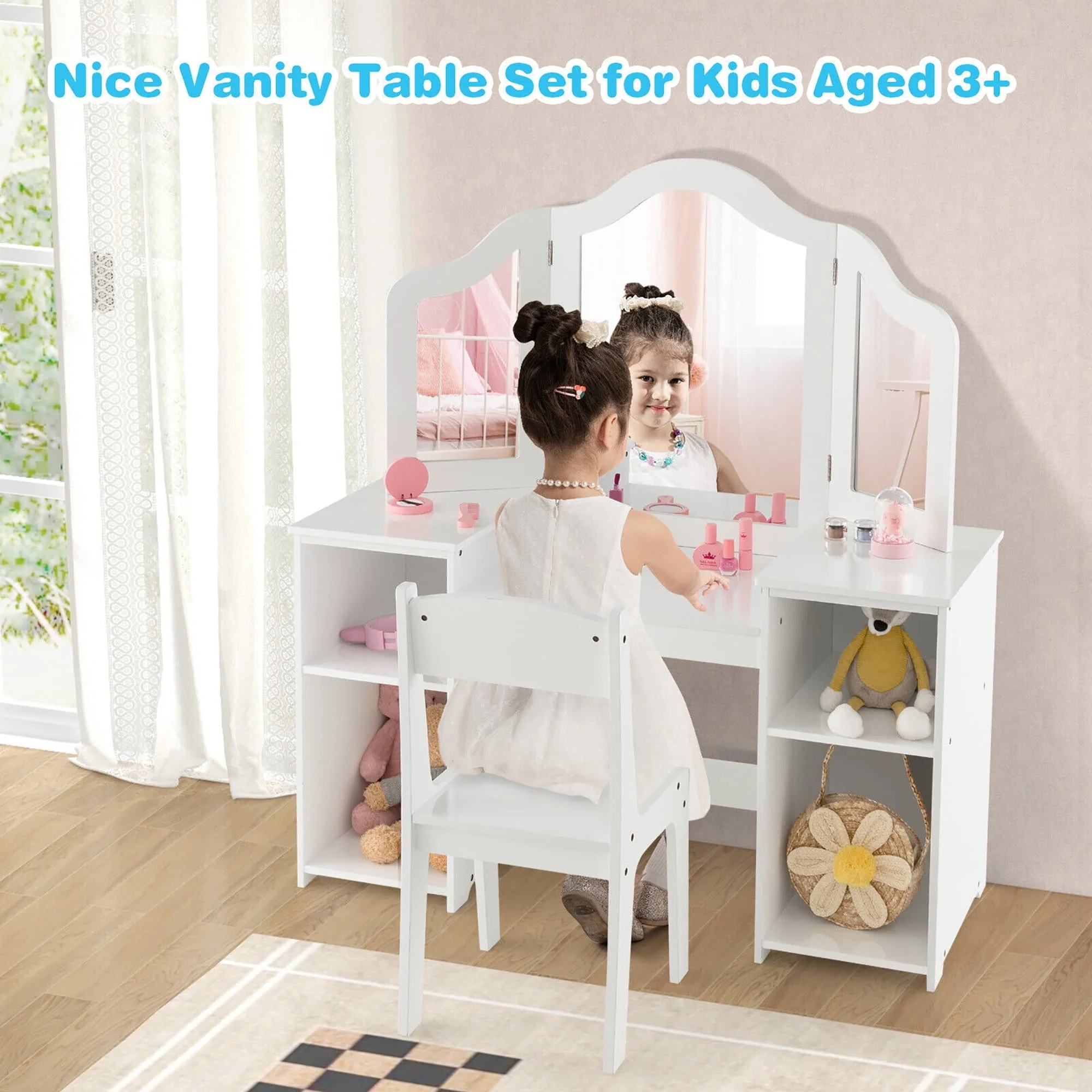 Gymax Kids Vanity 2 in 1 Princess Makeup Desk Chair Set Safe Tri fold Mirror White(Pink) Image 6