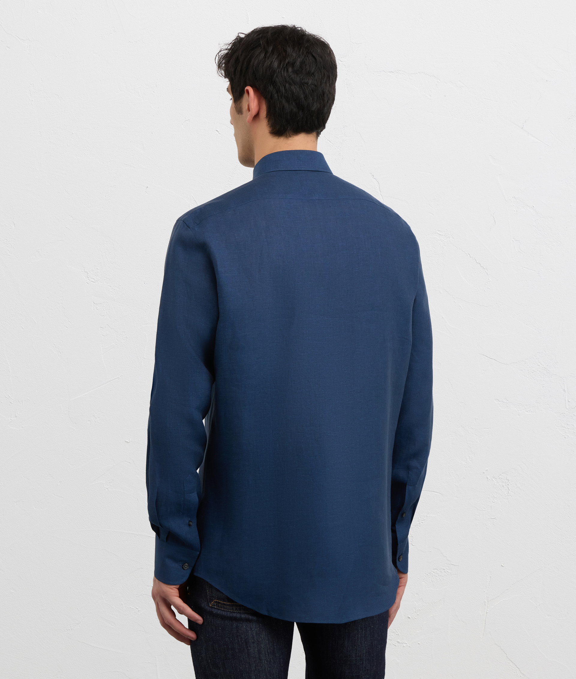 NAVY BLUE LINEN SHIRT WITH SMALL BOLOGNA COLLAR