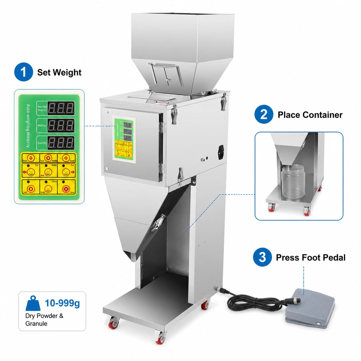 10-999g Powder Filling Machine, 110V 200W Granule Filler | Digital Weighing Control, Foot Pedal Operation