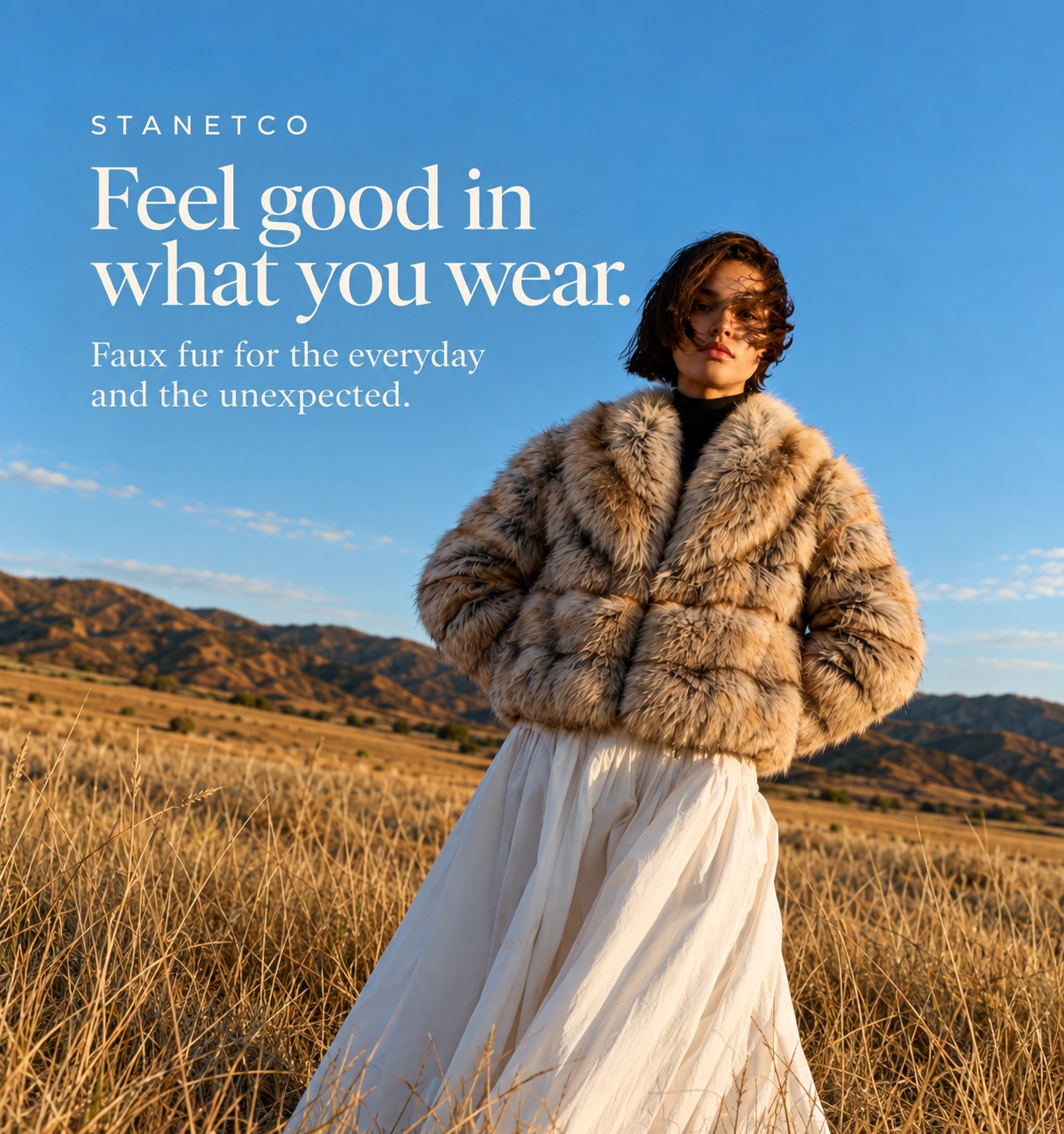 Stanetco model wearing a tan faux fur jacket in a golden field. Text reads: Feel good in what you wear. Faux fur for the everyday and the unexpected.