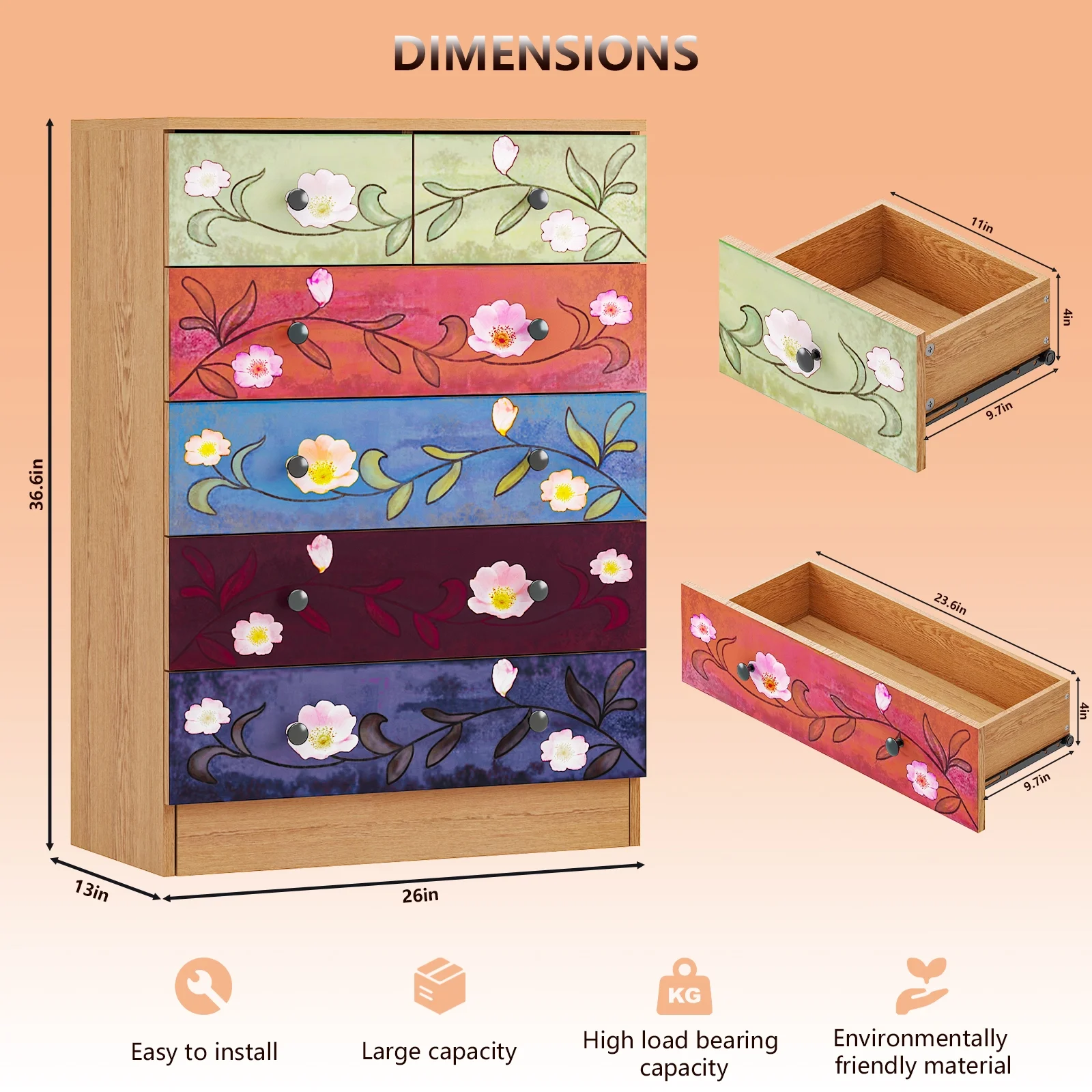Wood 6 Drawer Dresser Organizer for Bedroom Storage Tower for Entryway Hallway Closet, Tall Chest Organizer Unit with Wood Bins, Floral Painted Wooden(Brown 5 Layer 6 Drawers) Image 5