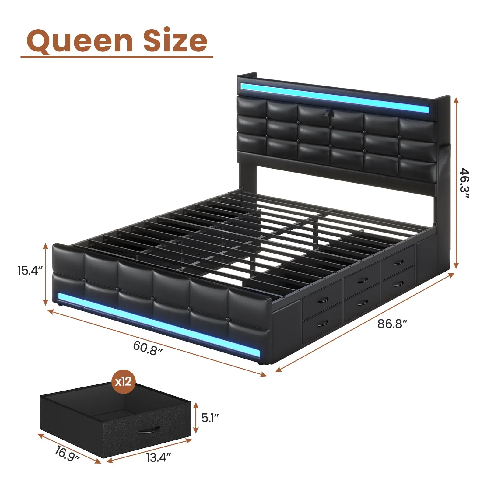 Queen Size Bed Frame with LED Lights Headboard and 12 Storage Drawers,Bookcase,Upholstered Platform Bed Queen with Charging Station, No Box Spring Needed, Type-C and USB,Noise-Free, Black(Queen/Black) - Image 9
