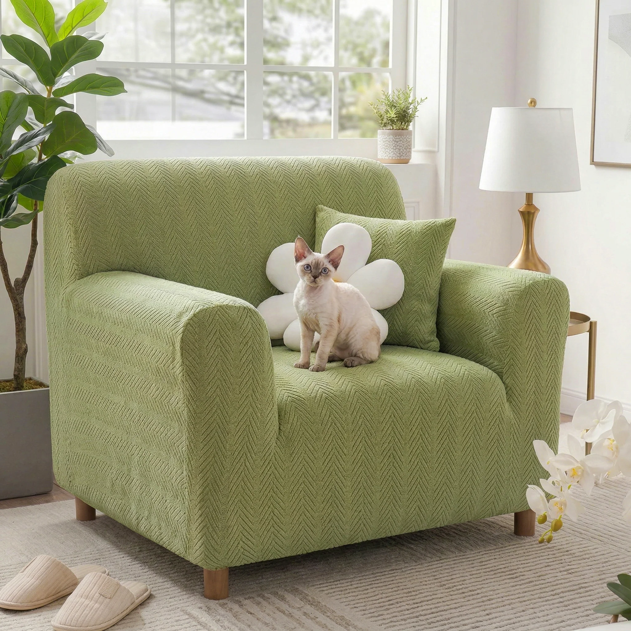 Elegant Herringbone Cream Aesthetic Stretch Magic Armchair Cover