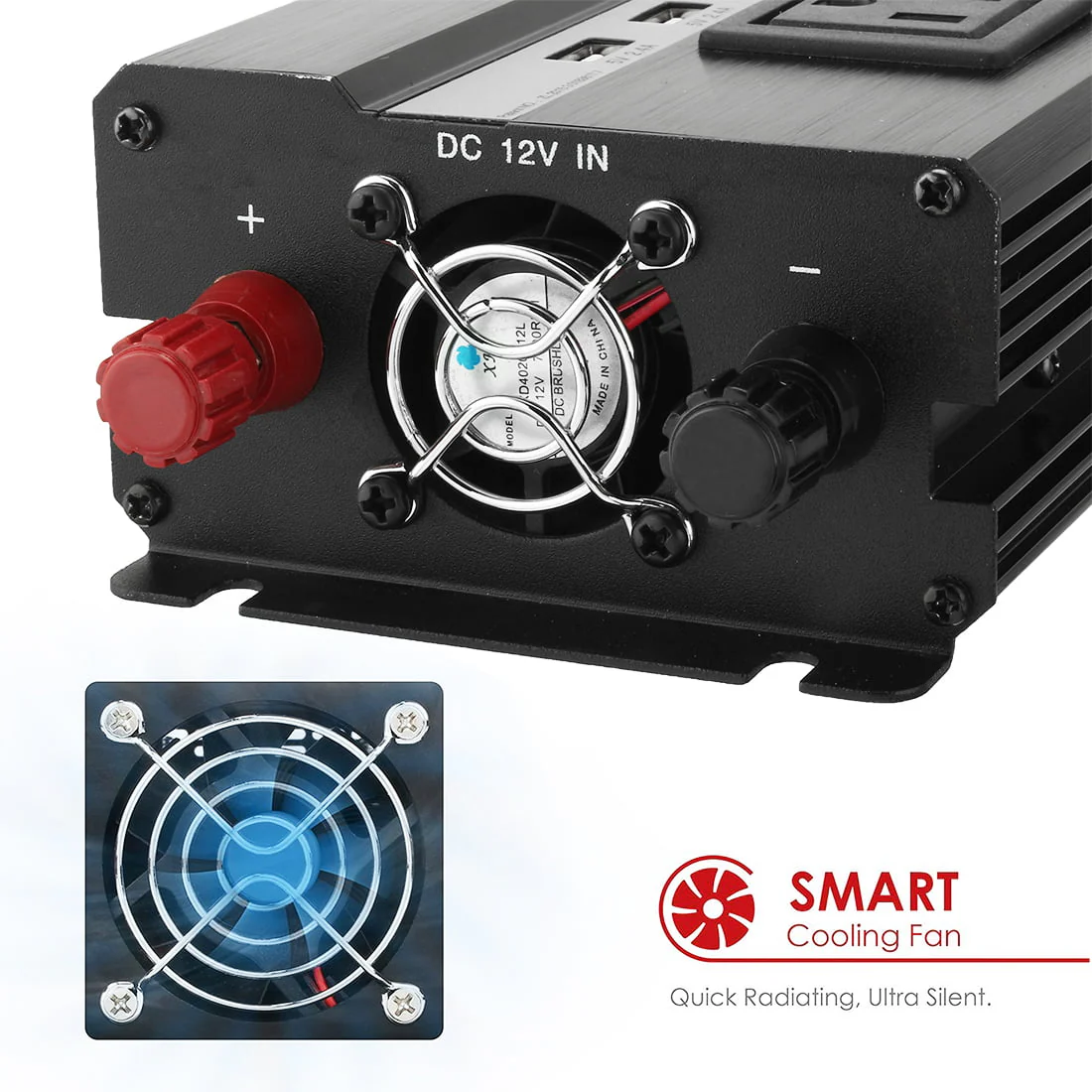 1000W Power Inverter 12V to 110VAC US Outlet 2.4A USB Port  Indicate Black