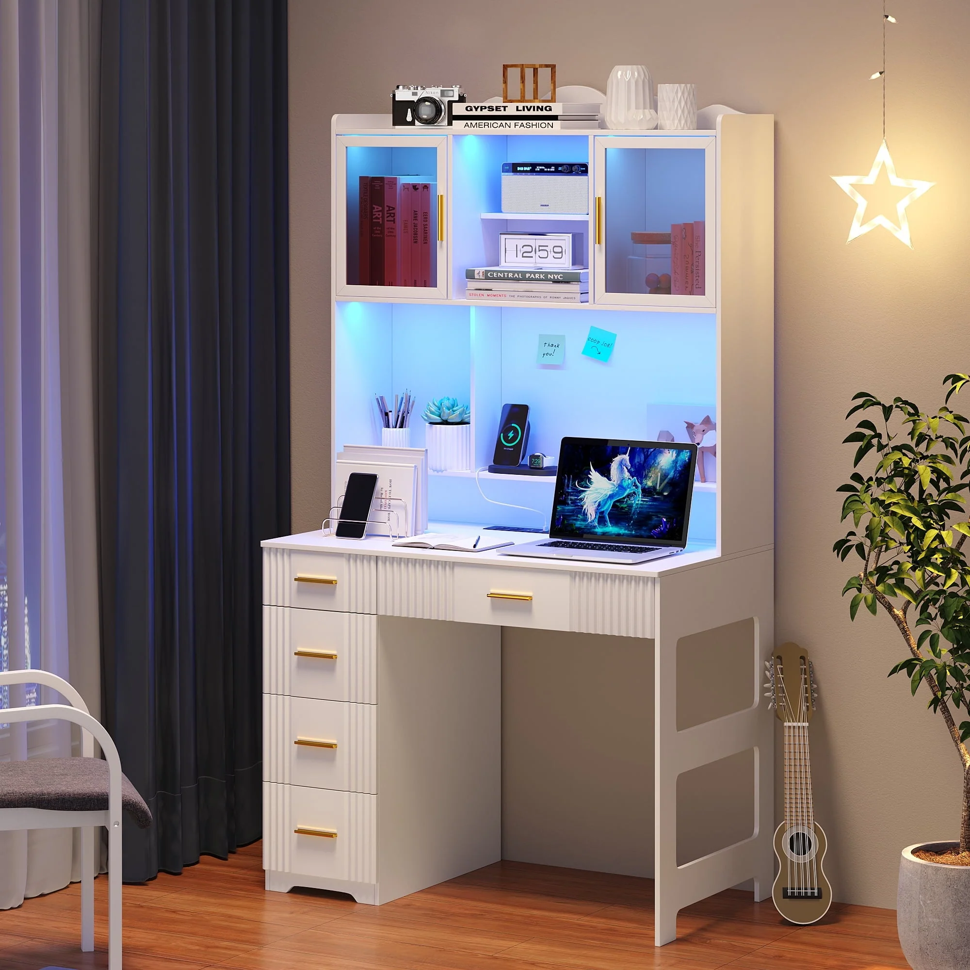 LED Study Desk with Hutch and Drawer, Home Office Desk with Outlet, Computer Desk with Charging Station, Writing Desk for Bedroom, Workstation for Small Space(White)