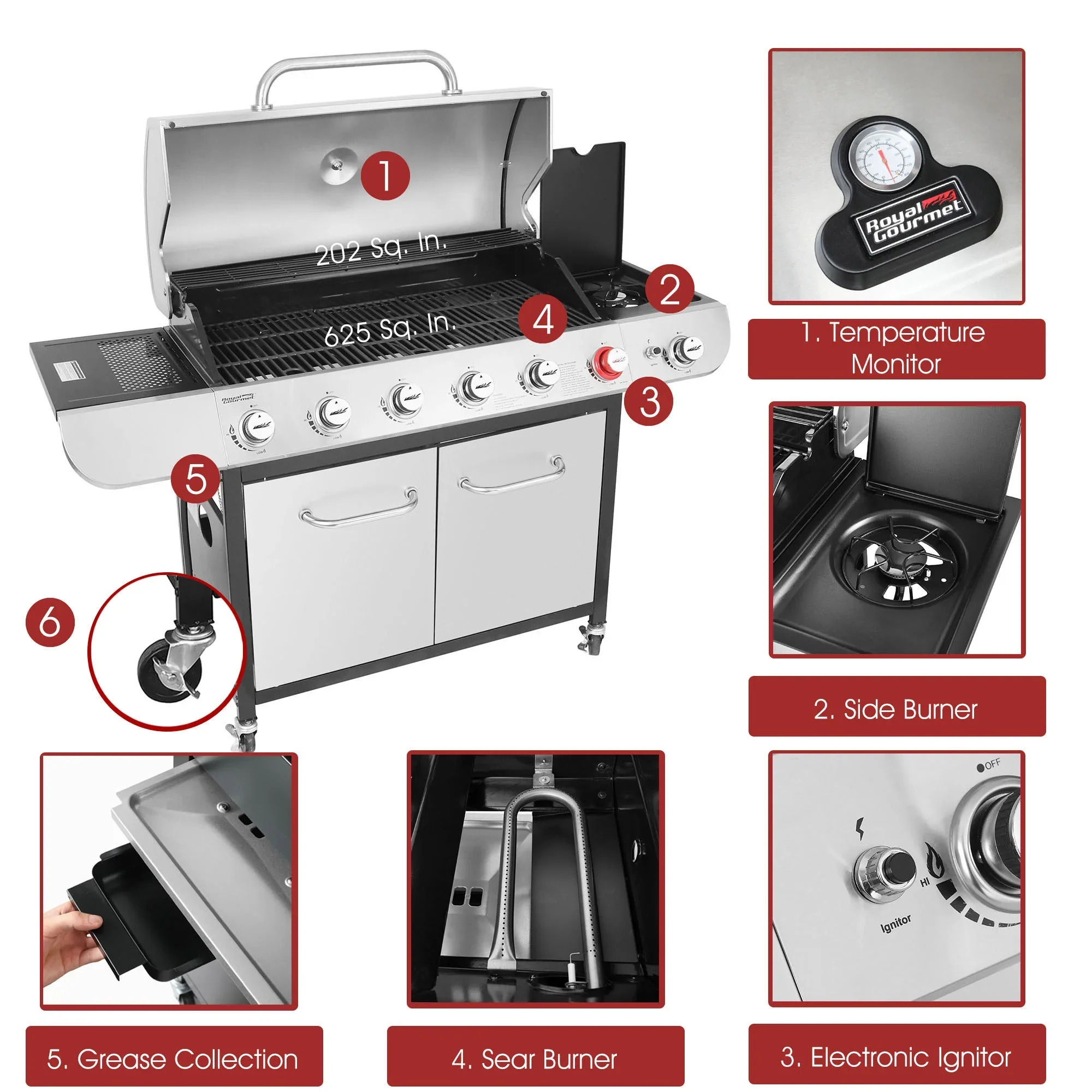 Gourmet SG6002 Classic 6-Burner 71000-BTU LP Gas Grill with Sear Burner and Side Burner, Stainless Steel