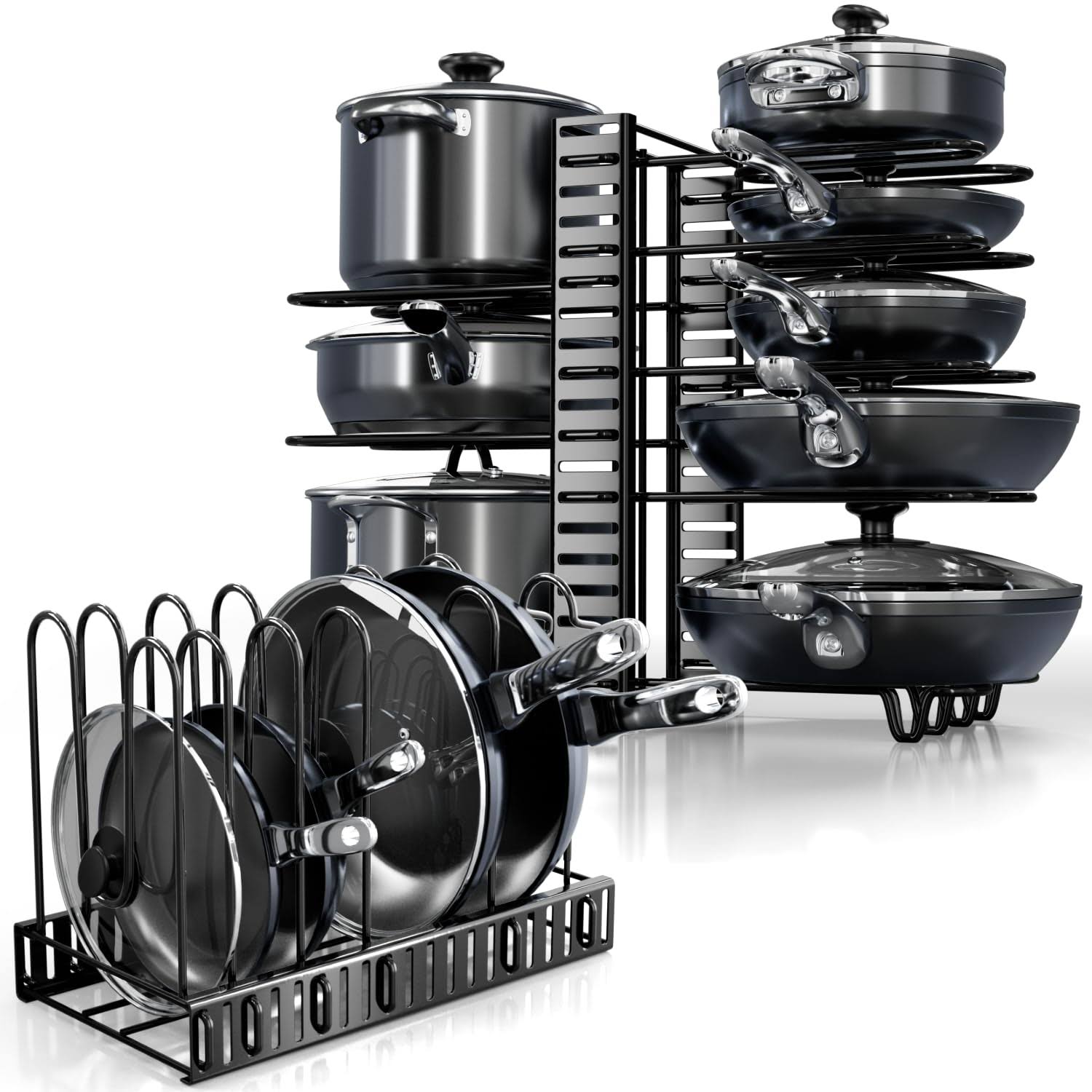 KOMFORA Pots and Pans Organizer Under Cabinet - 8-Tier Adjustable Pan Organizer Rack for Cabinet - Heavy-Duty Pot & Pan Organizer - Perfect to Store