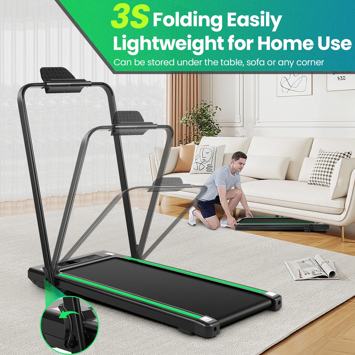 2 in 1 Walking Pad Treadmill with Incline, 2.5HP Under Desk Treadmill with Handle Remote Control LED Touch Screen for Home Office Workout, 300lbs Weight Capacity Black Green(A-98-G) - Image 6