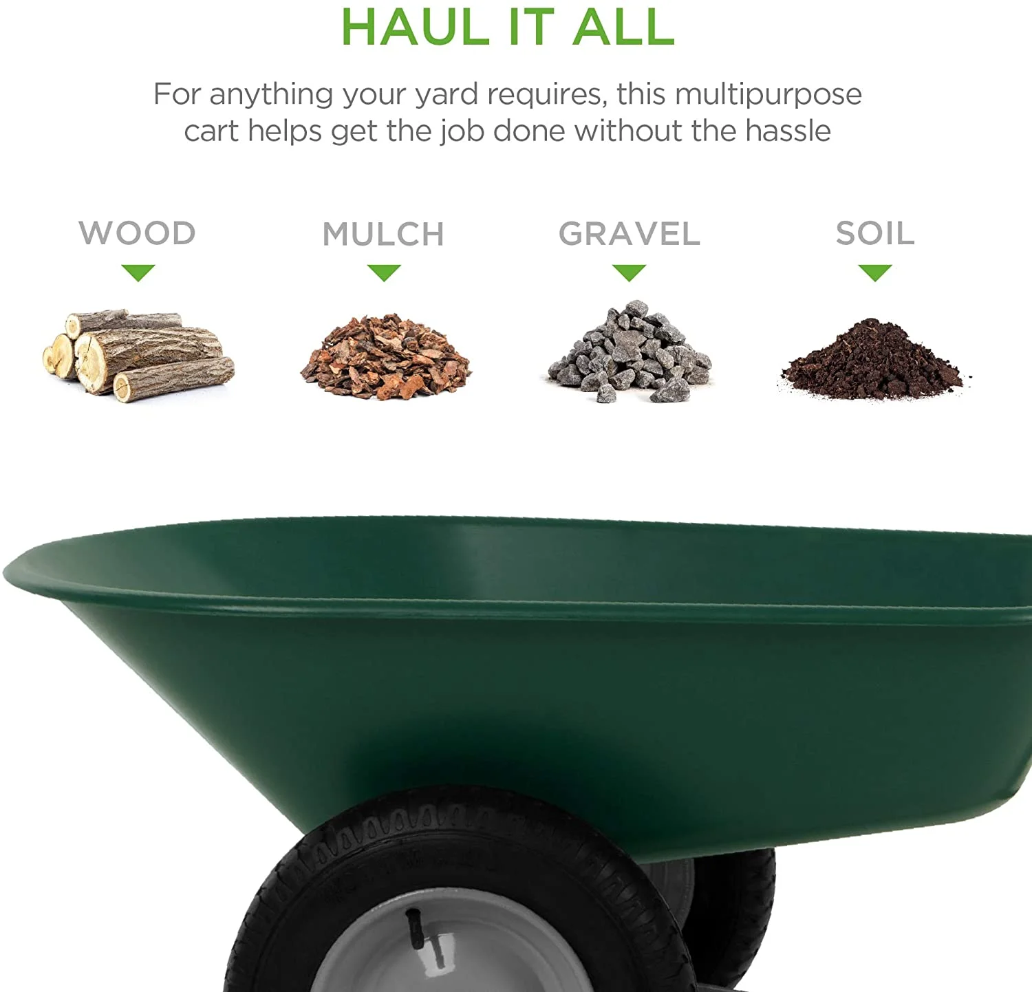 Dual-Wheel Home Utility Yard Wheelbarrow Garden Cart w/Built-in Stand for Lawn, Gardening, Construction,Green(5 cu ft/Green) - Image 5