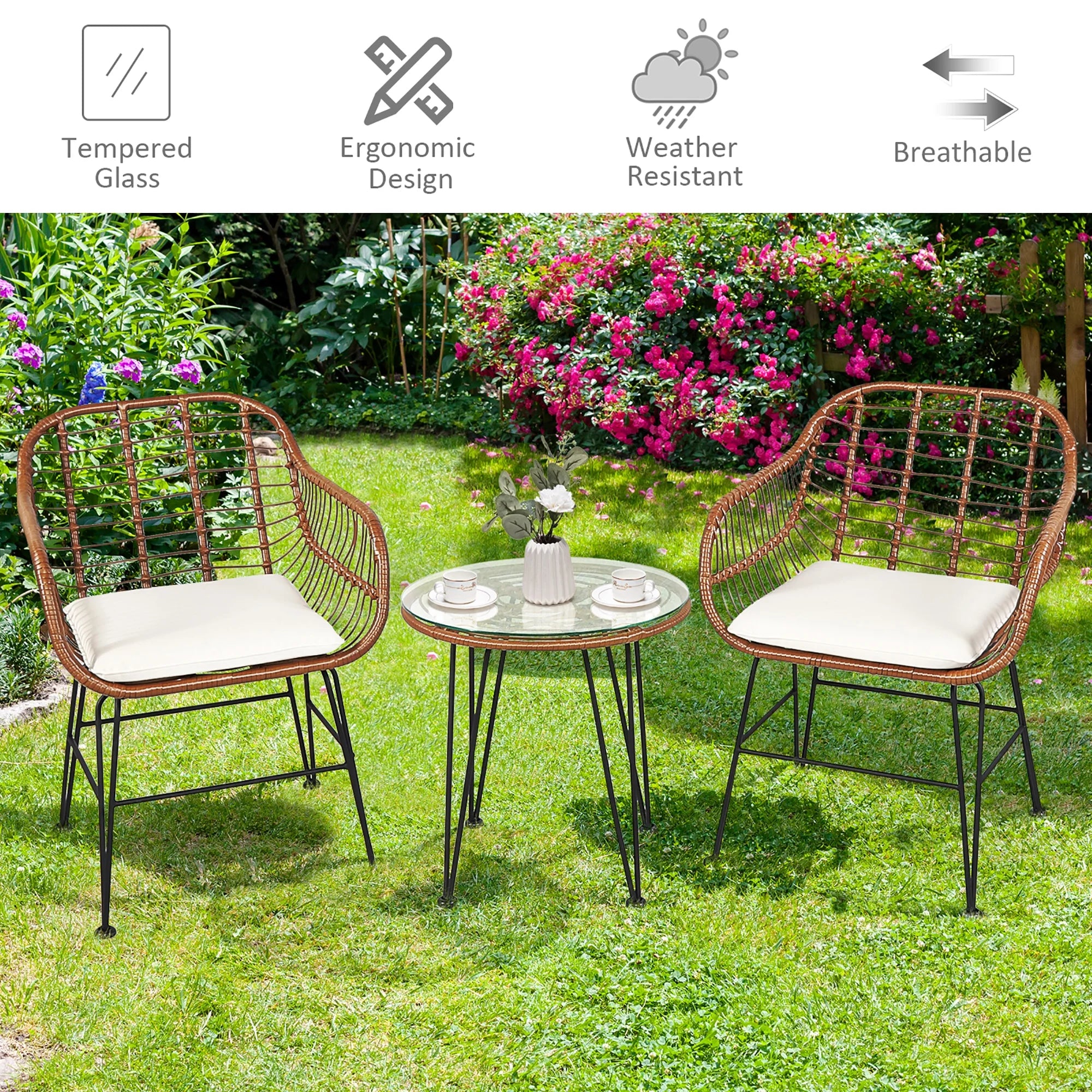 Costway 3PCS Patio Rattan Bistro Set Coffee Table Armchair Garden Red Cushion