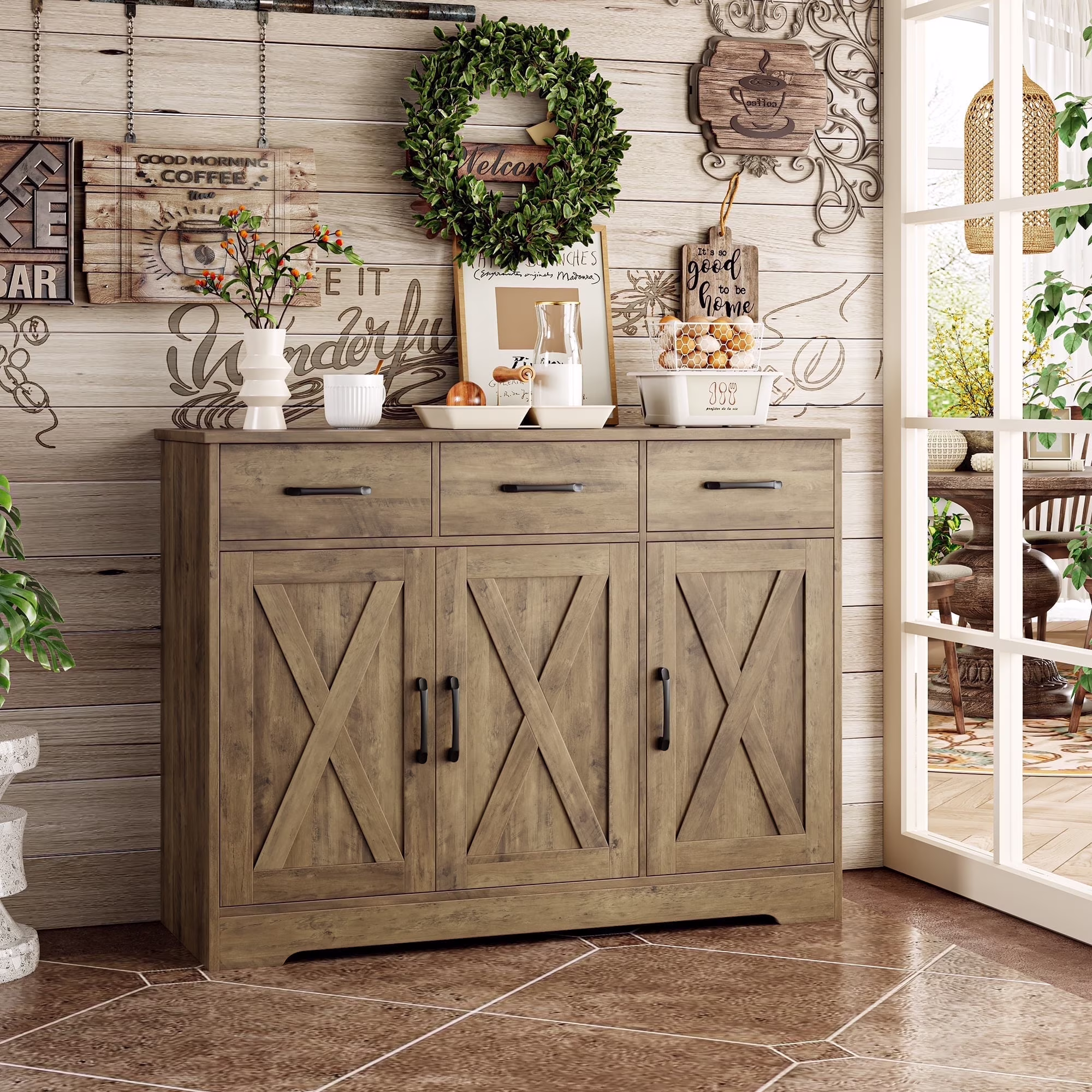 42.5'' Kitchen Buffet Sideboard Cabinet, 3 Drawers Farmhouse Coffee Bar Storage Cabinet with Adjustable Shelf, White(White) - Image 9