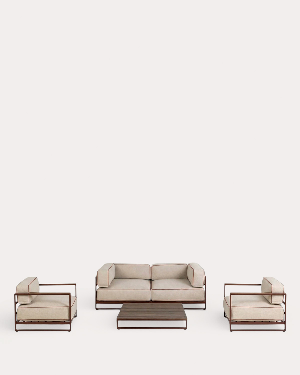 Kristen - Conjunto de Jardín con 2 Módulo Esquinero, 2 Sillones y Mesa de Centro de Metal y Tela Kristen