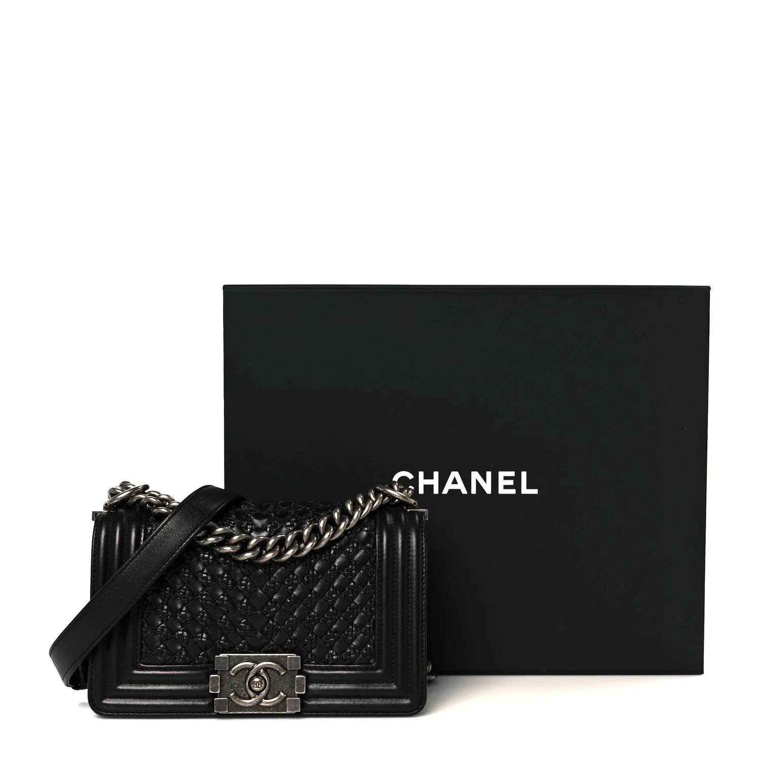 Lambskin Braided Woven Small Boy Flap Black