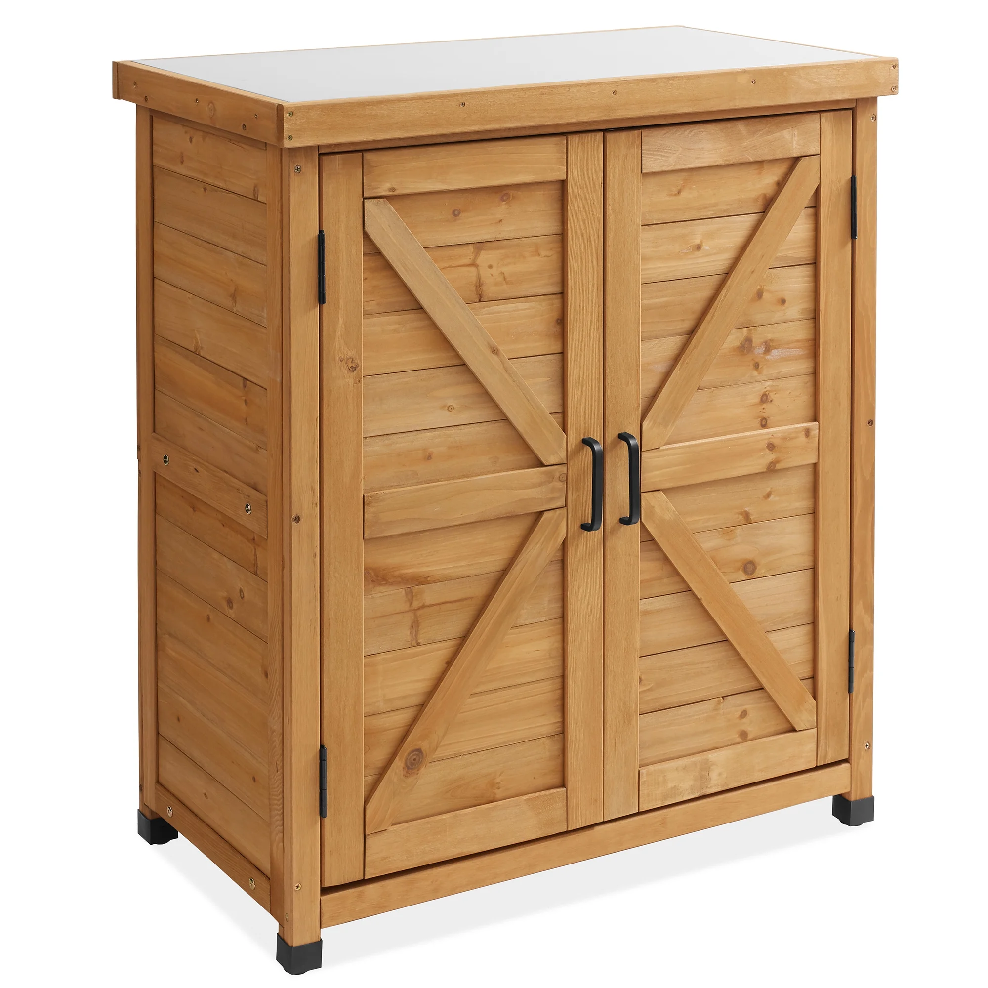 Outdoor Storage Cabinet and Potting Bench with Metal Tabletop and Storage Cabinet Wooden Outdoor Garden Patio Workstation Table, Gray(Gray) Image 9