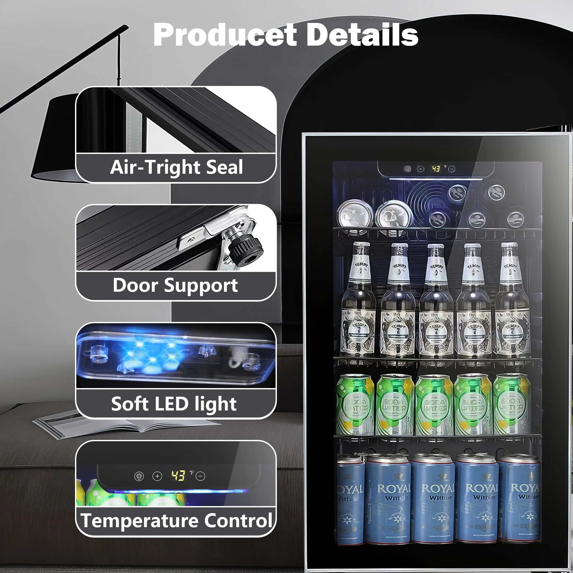 126 Can Beverage Refrigerator and Cooler with Glass Door for Home/Office/Bar-Black(3.2 cu ft) - Image 4