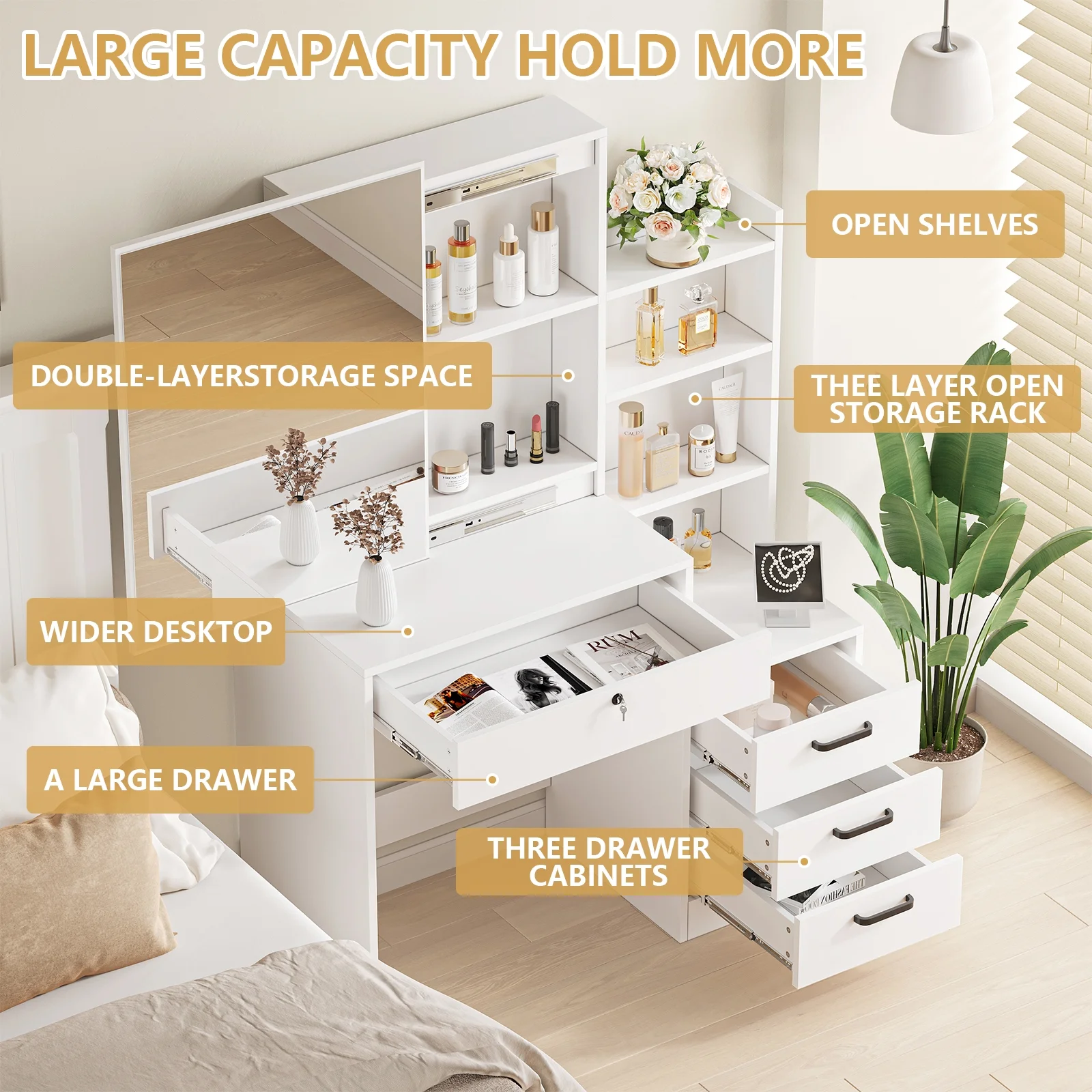 Vanity Table Stylish Aesthetic Durable with Sliding Mirror White(White-4) - Image 5