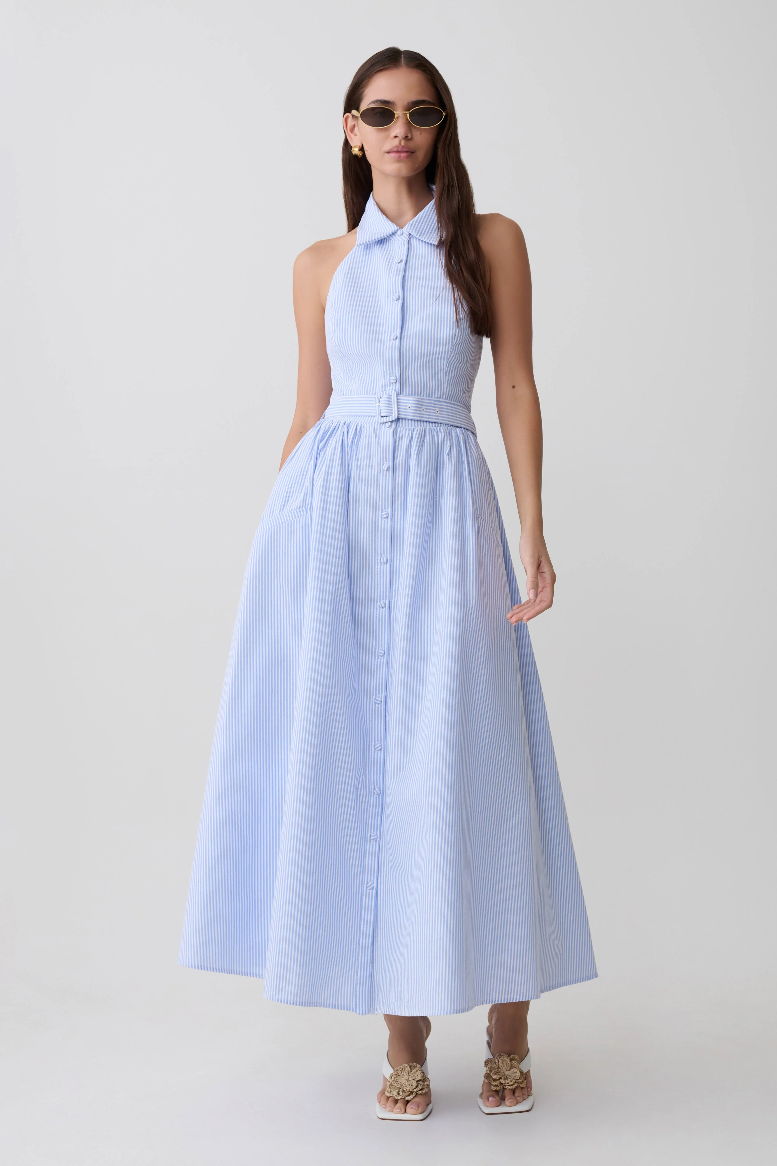 Cindy Collared Midi Dress - Blue Pinstripe