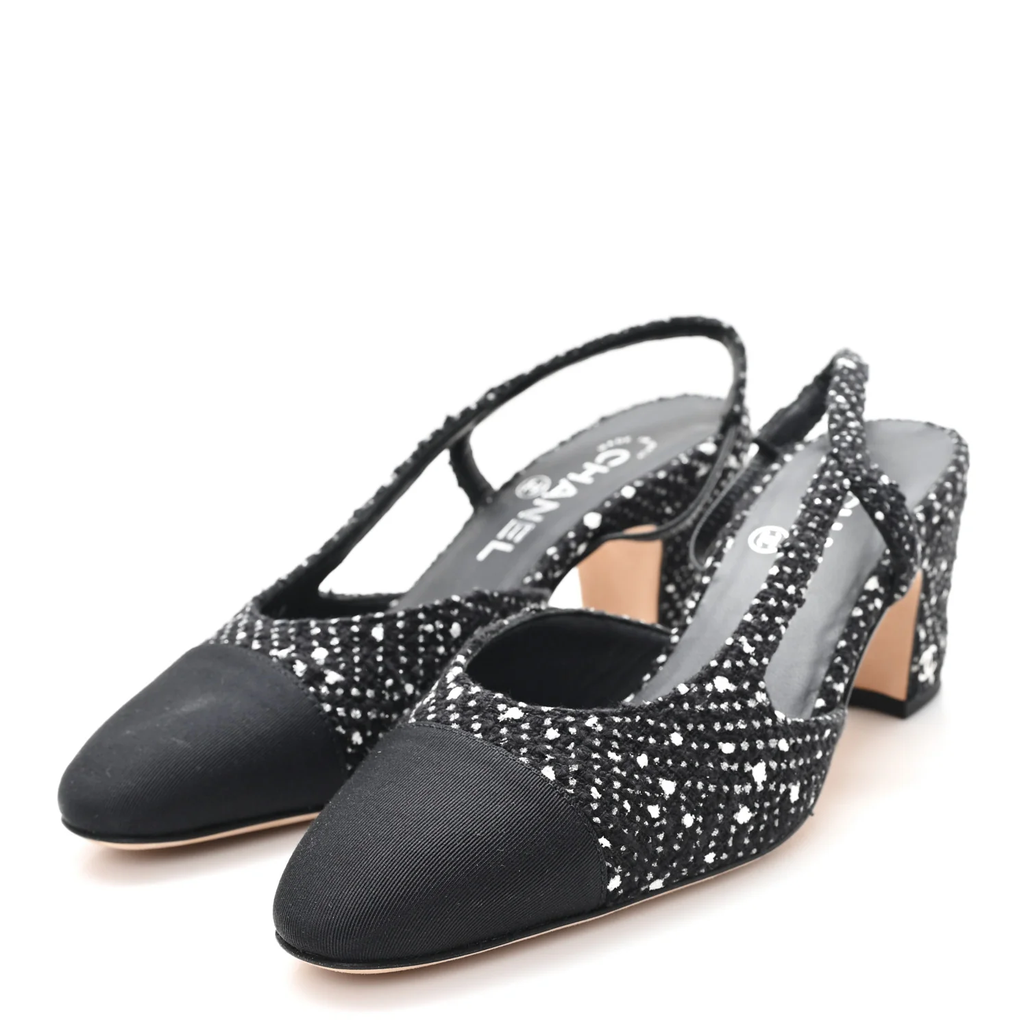Tweed Polkadot Grosgrain Cap Toe CC Slingback Pumps 36 Black White Silver