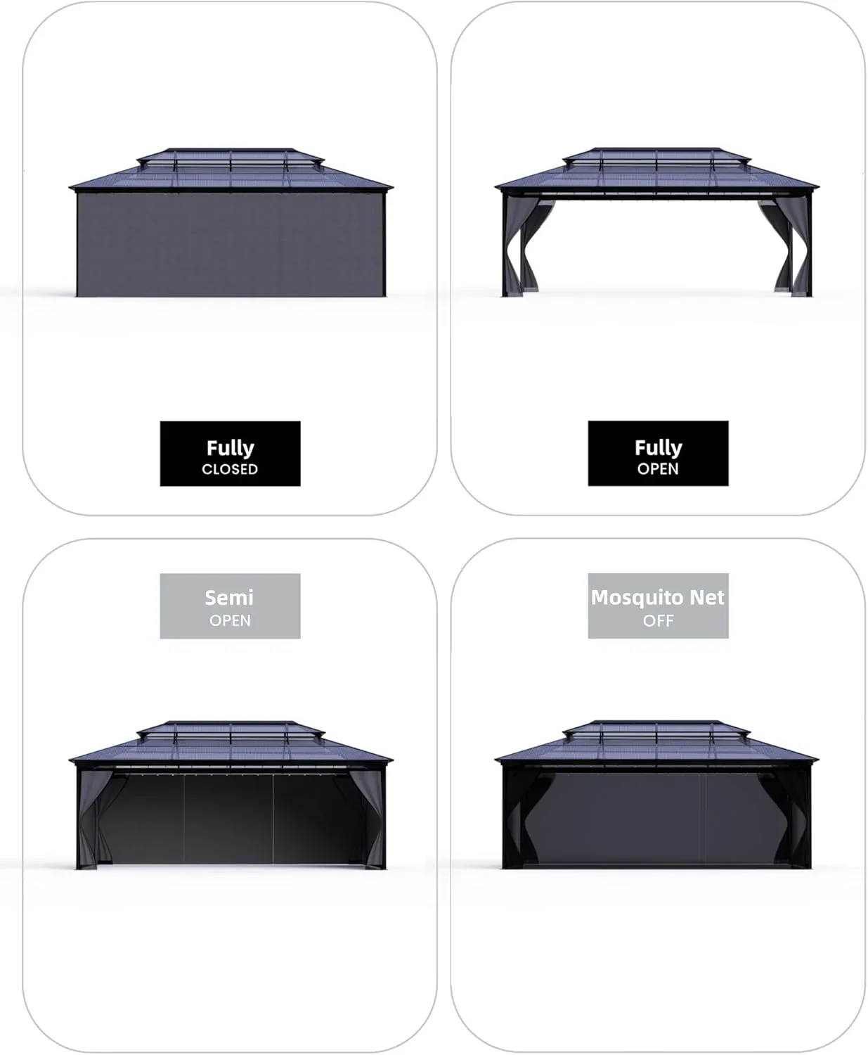 WALYWIK Hardtop Gazebo 12FT*16FT for All Weather, Double Polycarbonate Sheet Roof, Aluminum Frame, Net and Curtains, Permanent Construction for Patio, Deck, Backyard, Lawn and Garden, Grey