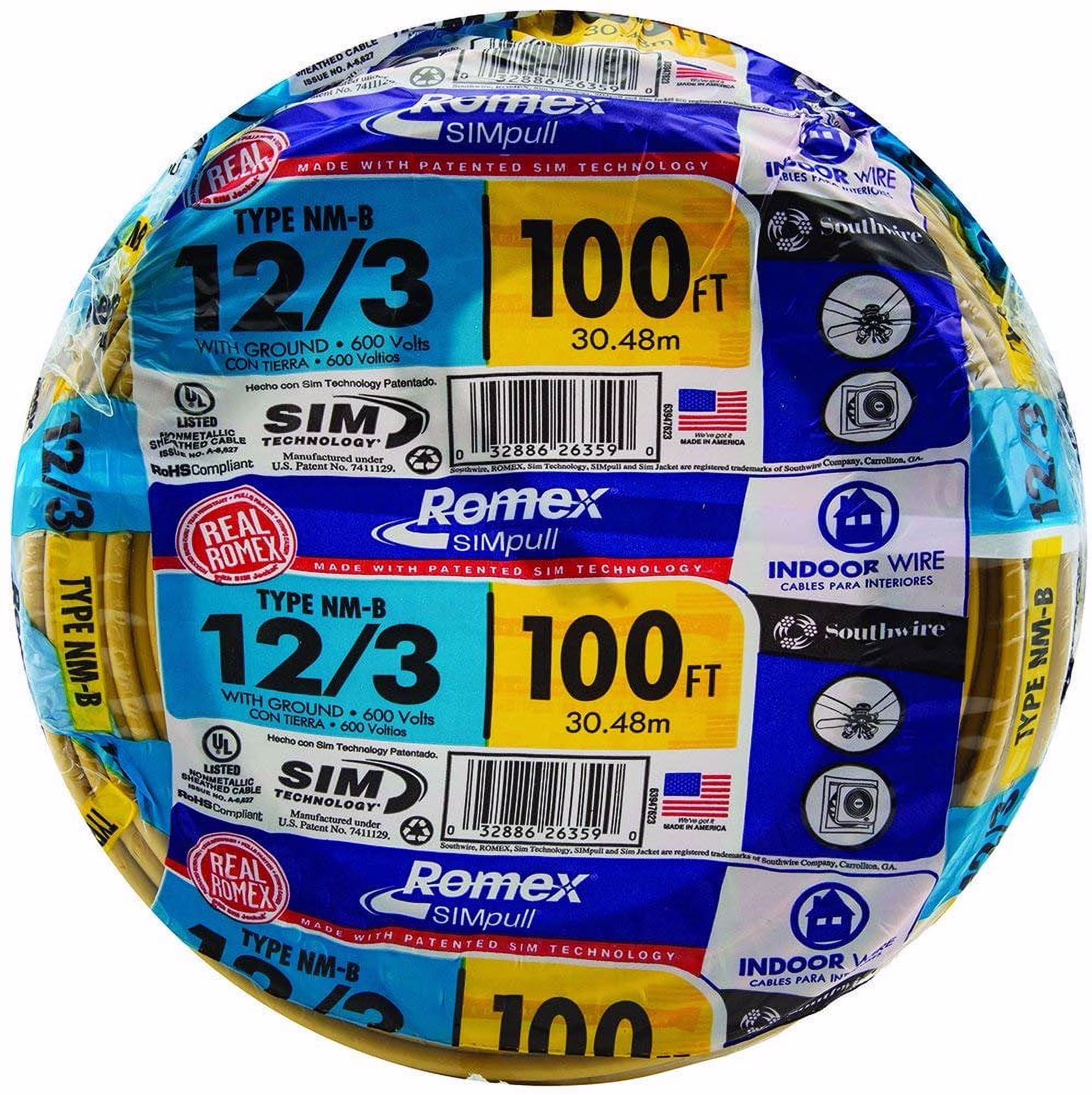 Southwire 63947628 100' 12/3 with Ground Romex Brand Simpull Residential Indoor Electrical Wire Type NM - B, Yellow