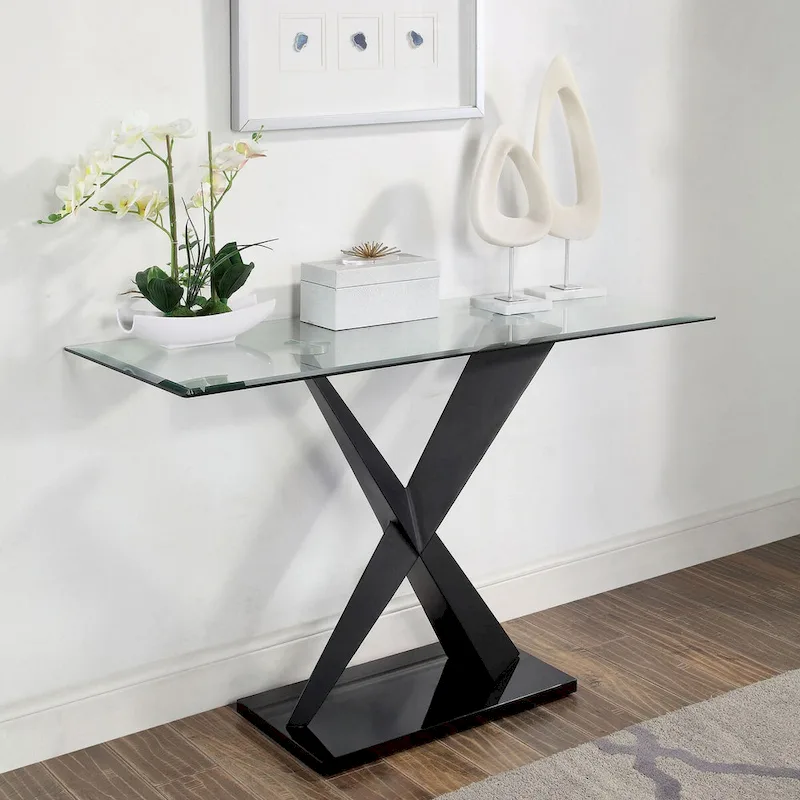 Furniture of America Gar Glam Black X-Base Glass-Top Sofa Table