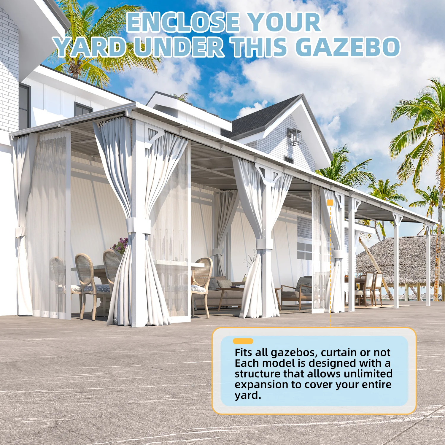 AECOJOY 16'x10' Wall Gazebo with Curtains and Mosquito Netting, White