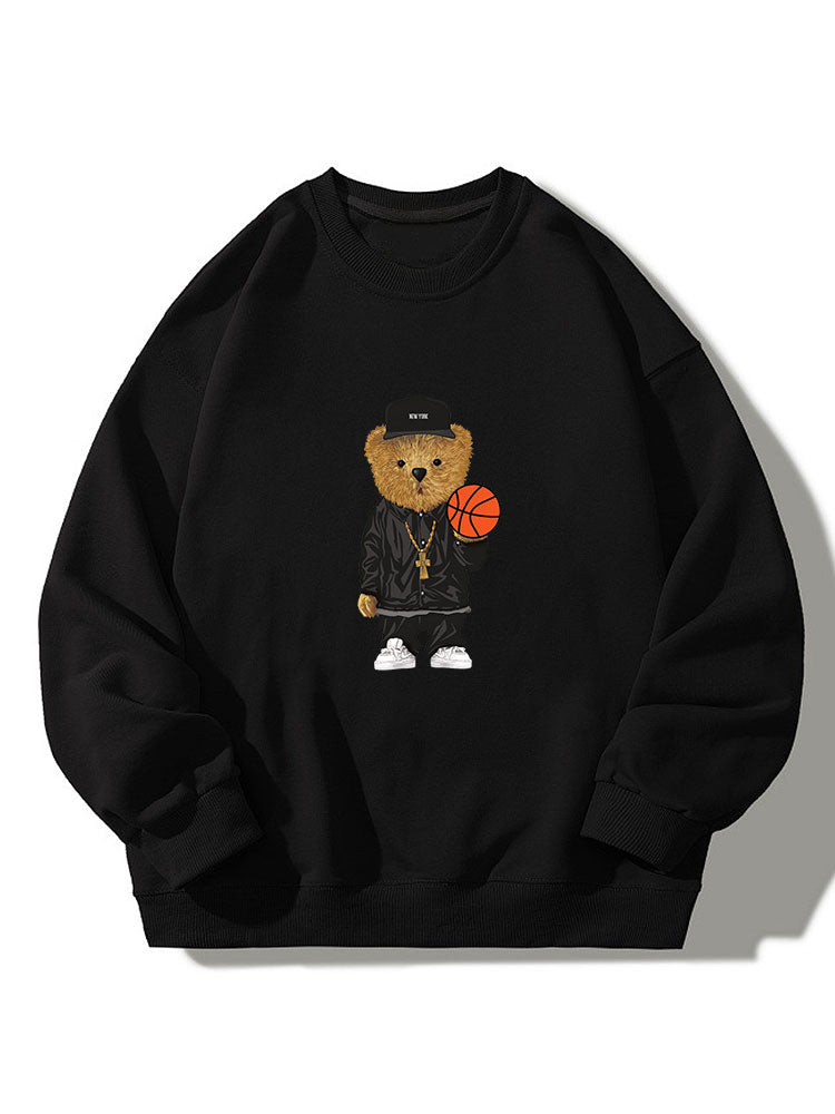 Sweat-shirt décontracté à col rond imprimé ours basketteur