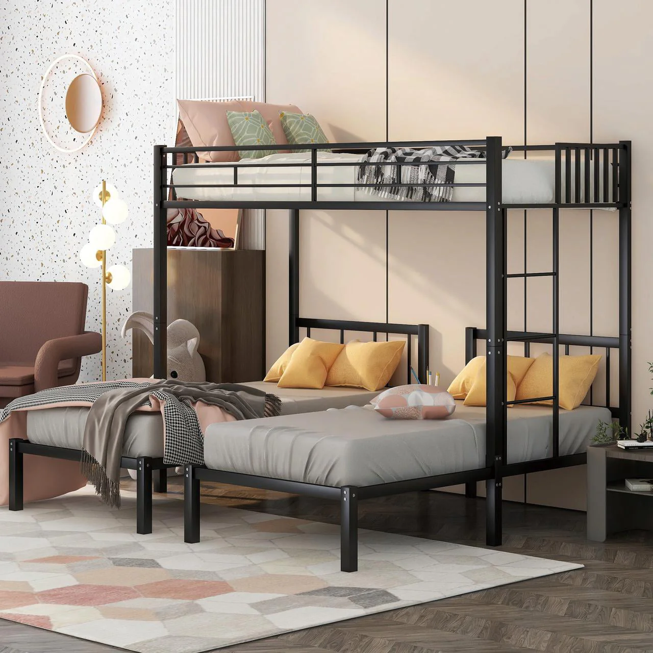 Triple Metal Bunk Bed Twin over Twin with Ladder for Kids, Boys Girls, Convertible Bunk Set, Black Image 8