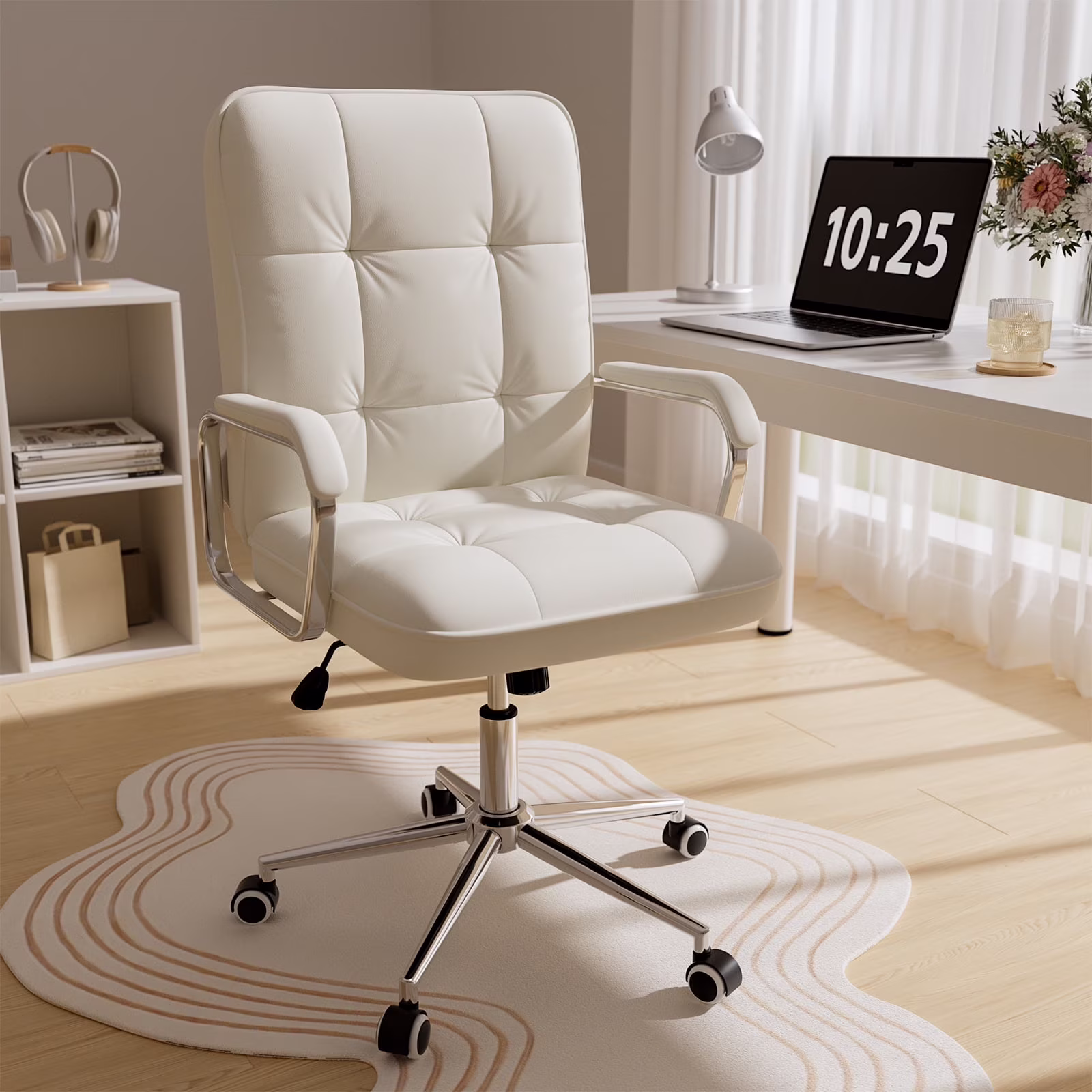 White Office Chair, Swivel Leather Computer Desk Chair with Wheels and Padded Arms, Executive Office Chair for Adults(White)