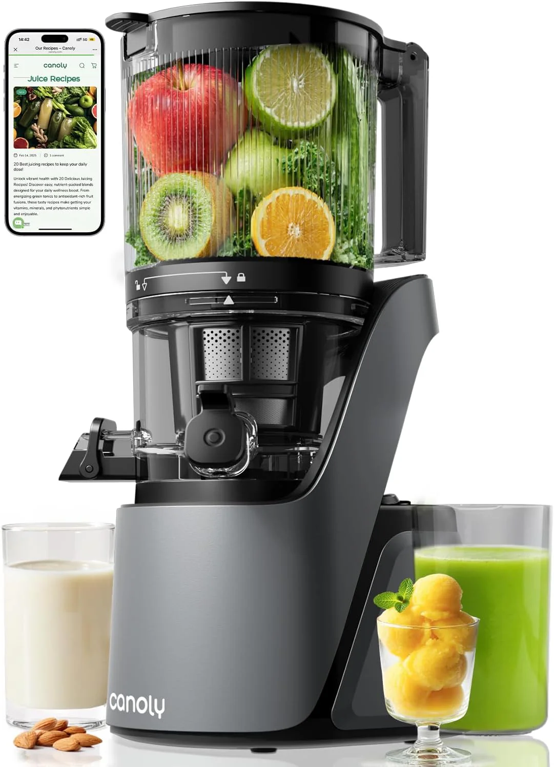 Extracteur de jus à pression à froid Canoly C16, goulotte d'alimentation extra large de 15 cm, 3 filtres en 1, moteur sans balais à courant alternatif