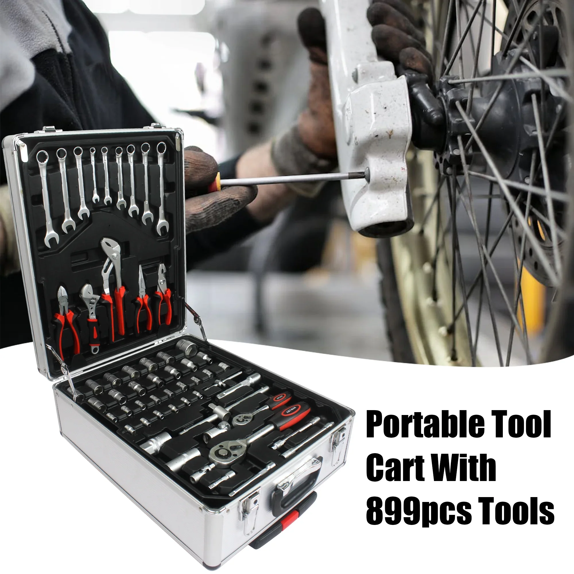 Seizeen 899PCS Tool Set Professional, Mobile Tool box on Wheels with Handle, Mechanics Tool Set W/Hand Tool, Ratchets&Socket Set, Screwdriver Set, 4-layer Tool Case & Tool Kit COMB, Silver