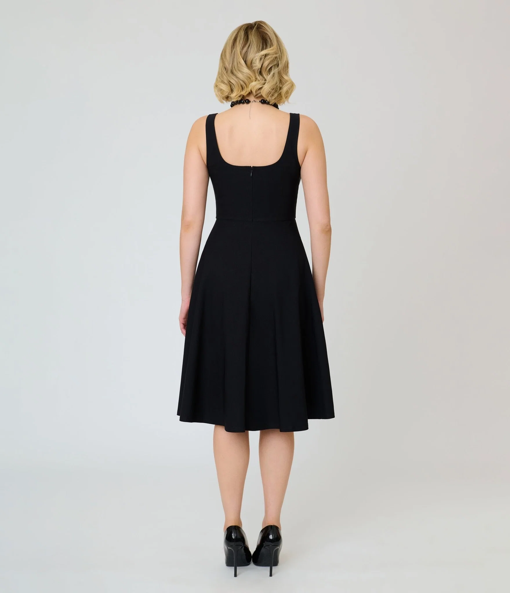 Unique Vintage Black Square Neck Pleated Swing Dress