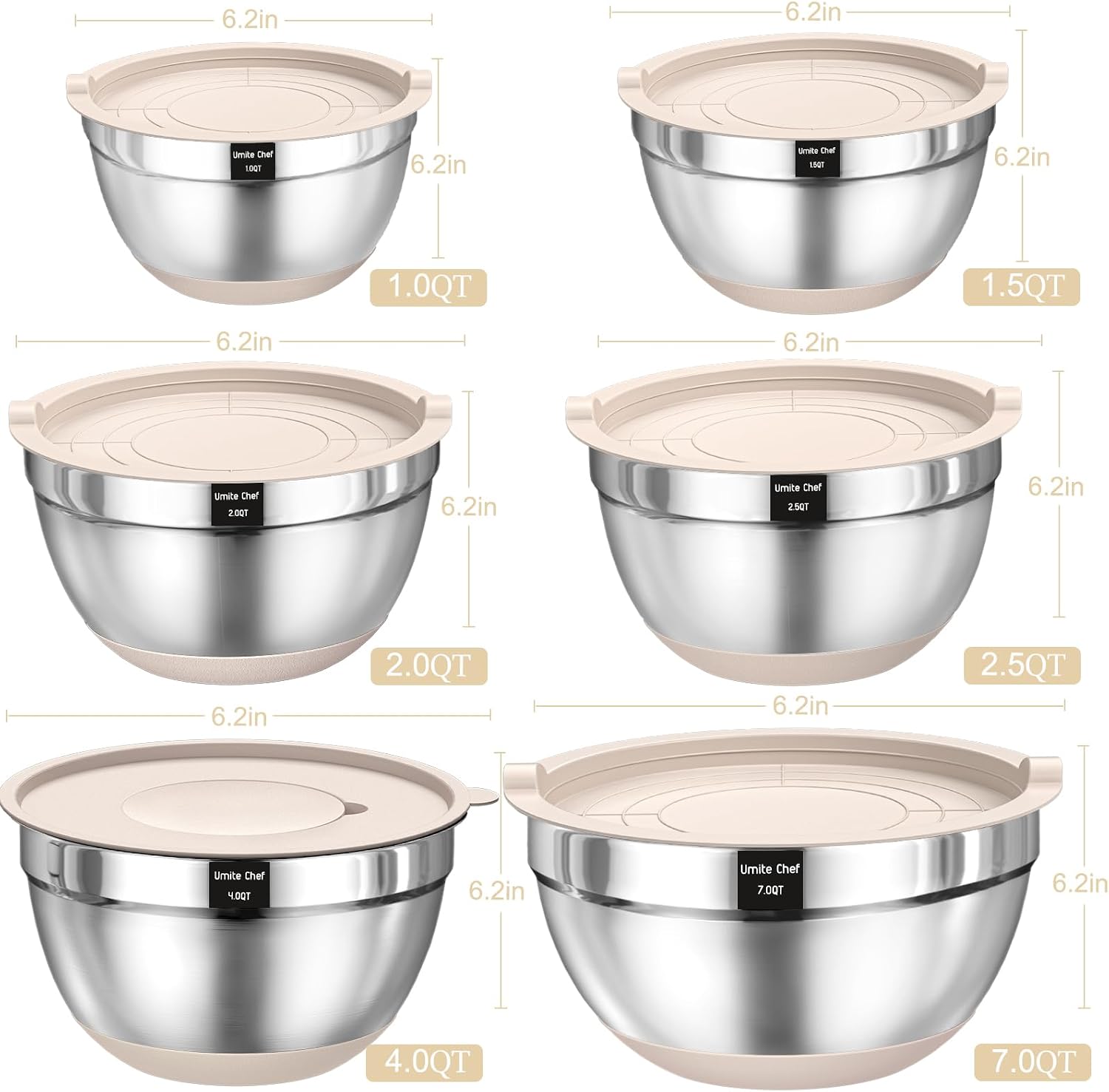 Mixing Bowls with Airtight Lids Set, 26PCS Stainless Steel Khaki Bowls with Grater Attachments, Non-Slip Bottoms & Kitchen Gadgets Set, Sizes 7, 4, 2.5, 2.0, 1.5, 1QT, Great for Mixing & Serving