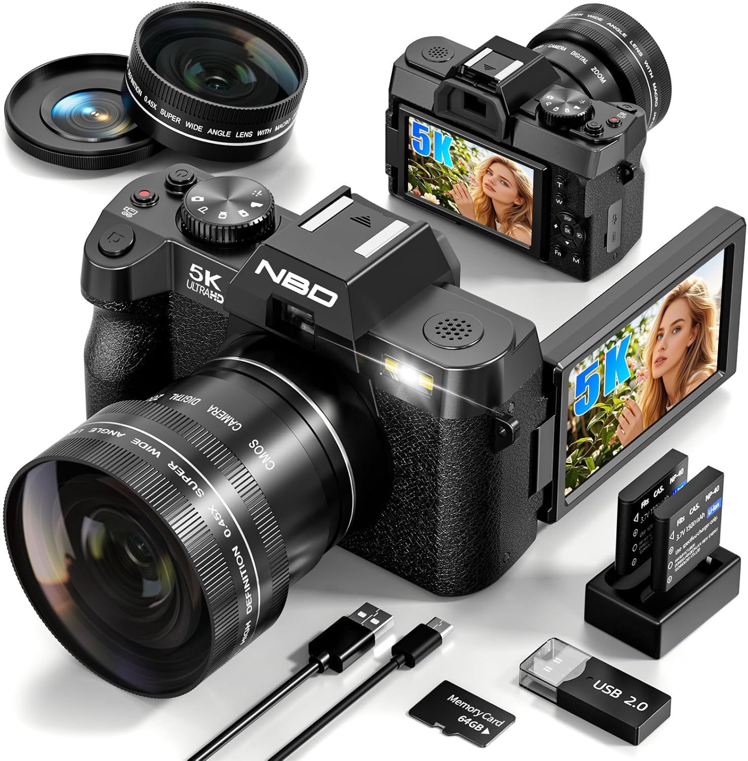 True 5K Digital Cameras for Photography 64MP - 16X Zoom  WiFi  with 64GB TF Card  Wide-Angle & Macro Lens  Autofocus & Anti-Shake  Vlogging Camera for YouTube Travel (Black)