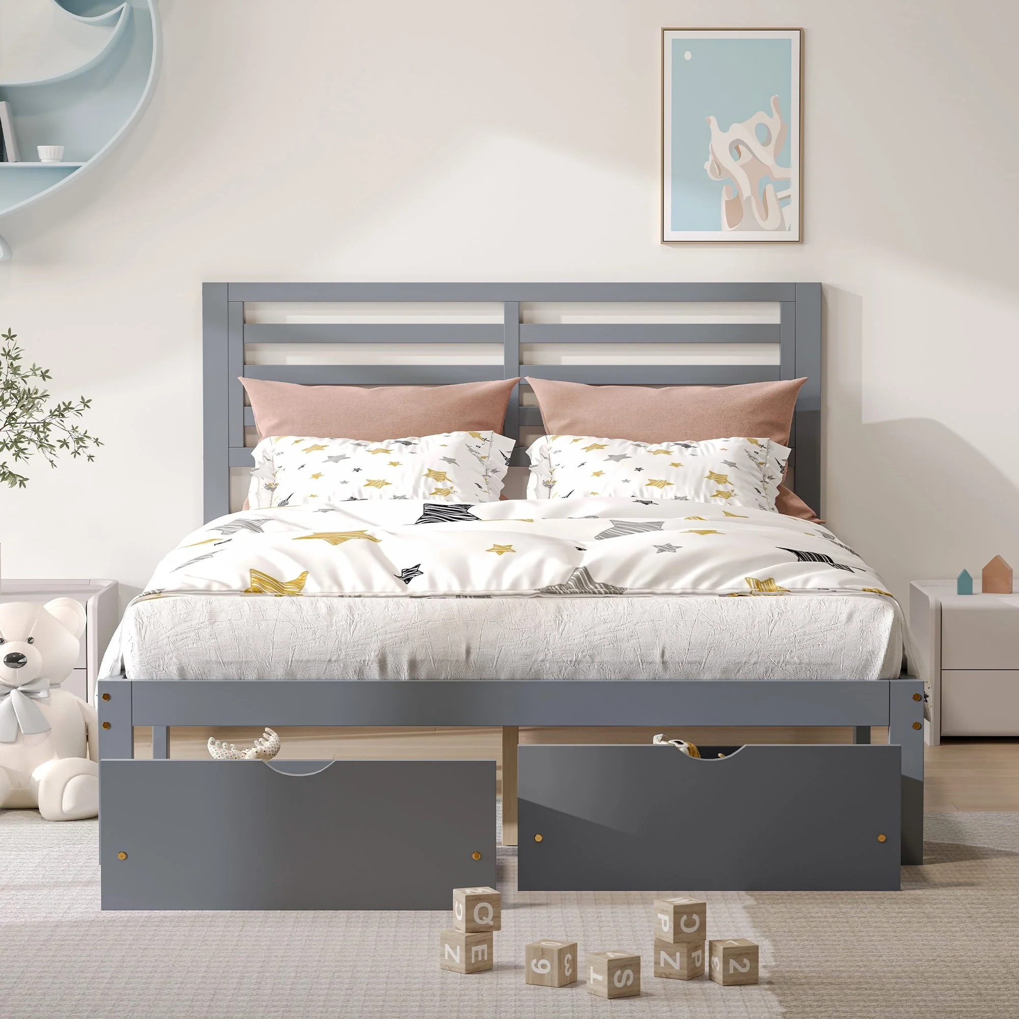 Platform Bed Frame Storage Bed with Headboard, Pine Wood Full Bed Frame for Bedroom, Modern Full Size Bed Frame with Drawers, Wood Slats Support, Holds 400 lb, No Box Spring Needed, Gray