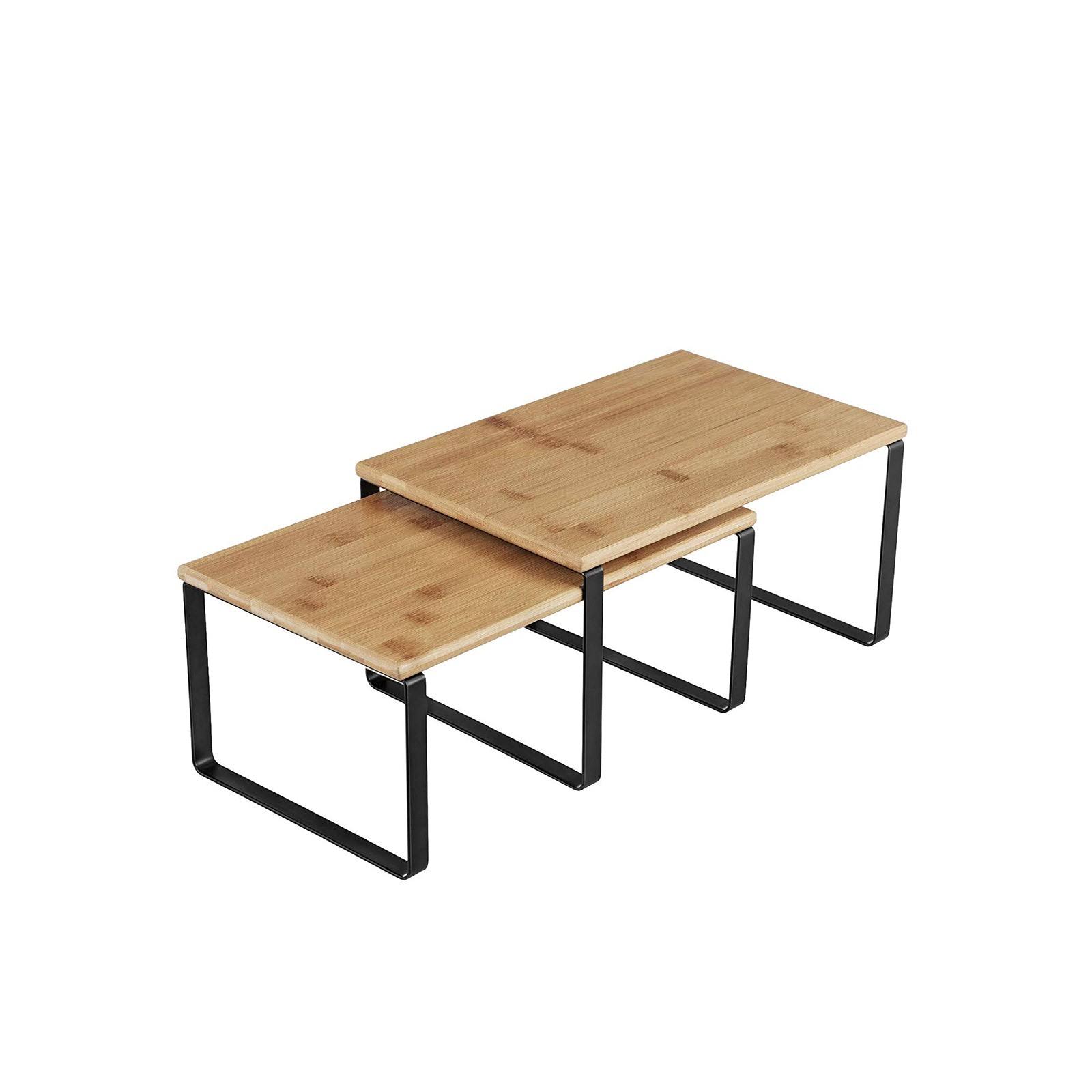 SONGMICS Cabinet Shelf Organizers Set of 2 Kitchen Counter Shelves Metal and Bamboo Black and Natural