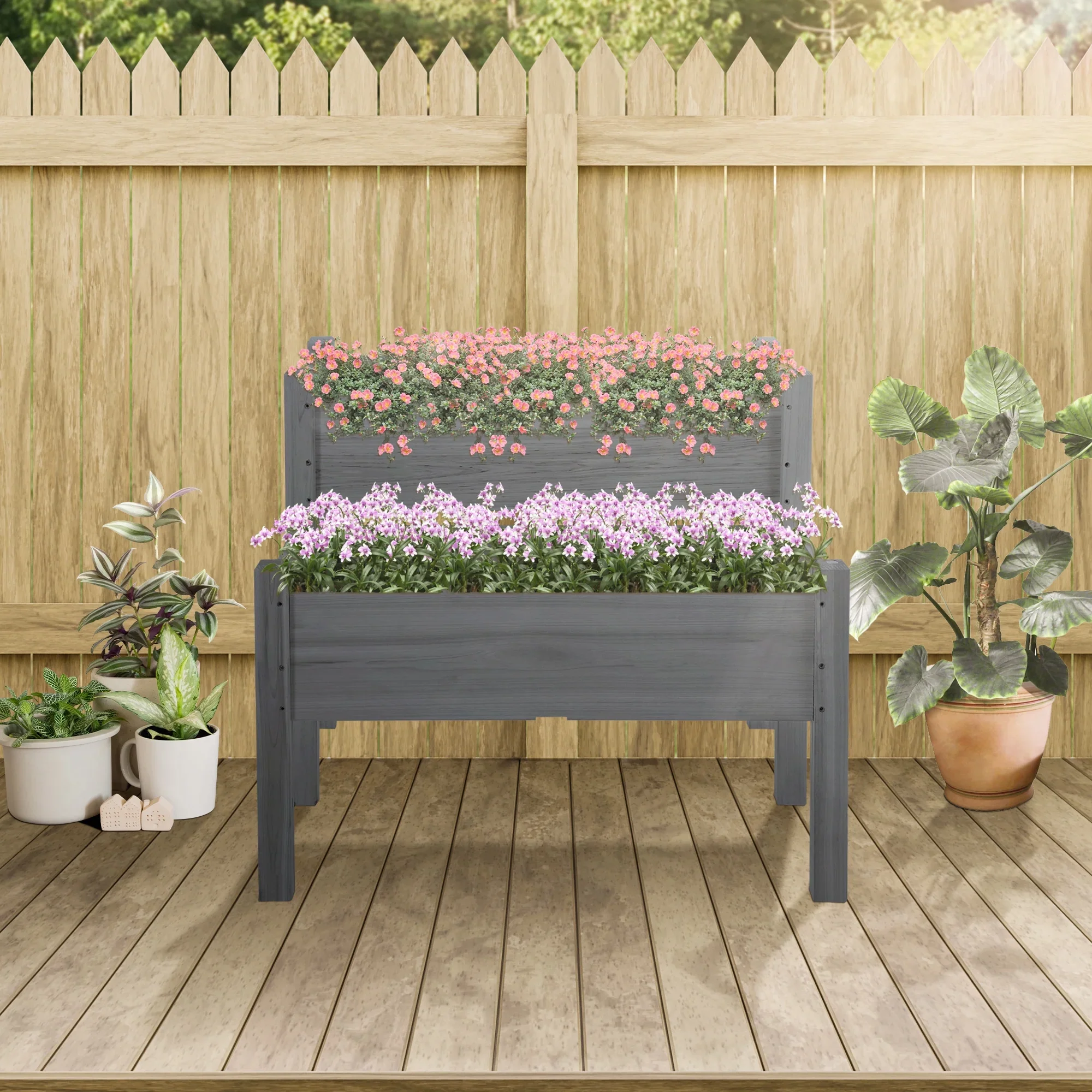QISHENSHUI 2-Tier Raised Garden Bed 34x34x28 �C Elevated Wood Planter Stand with Deep Grow Box for Healthy Root Development & Back-Friendly Gardening, Gray