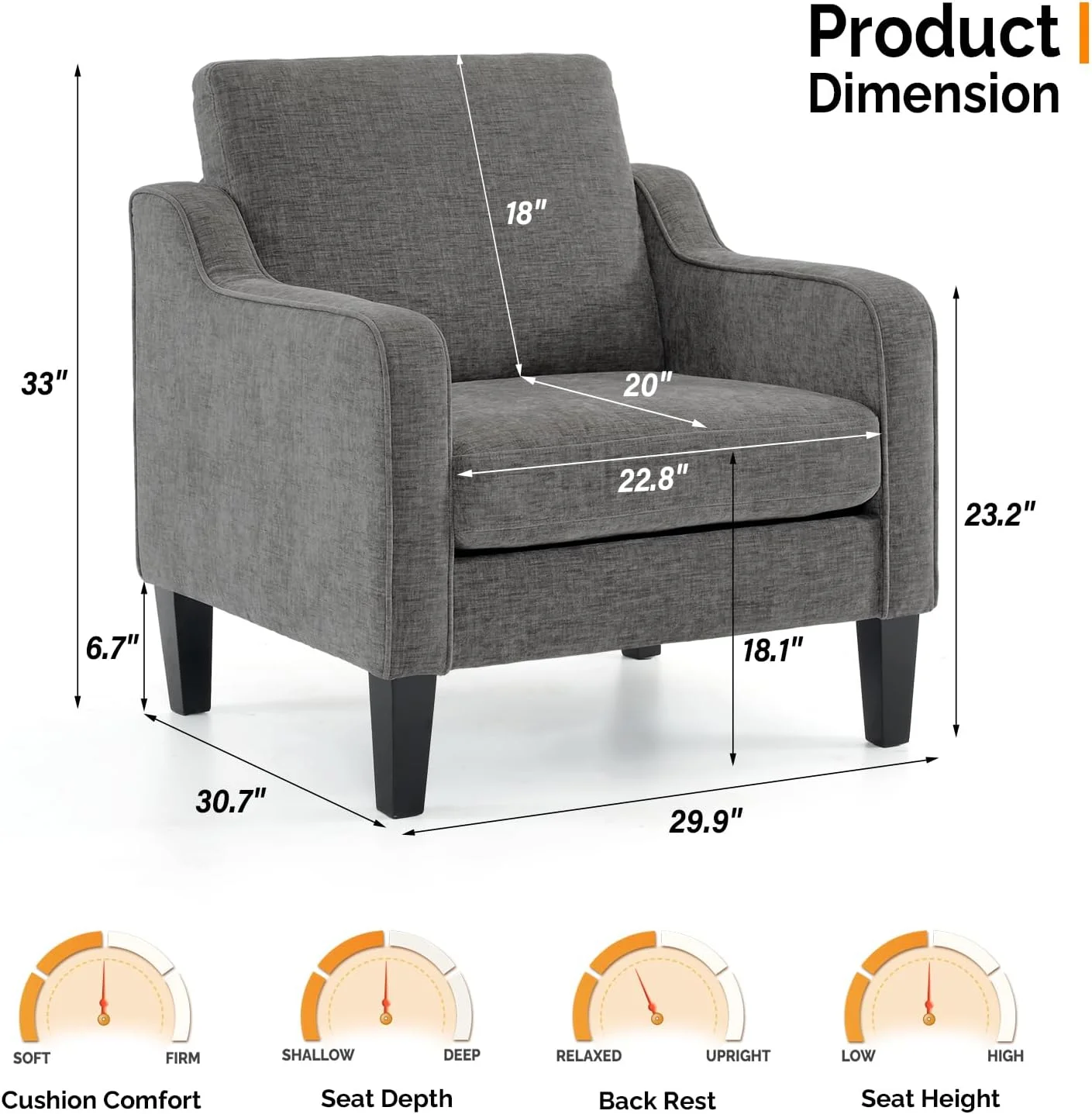 VINGLI Mid Century Modern Chenille Comfy Armchair, Creamy White